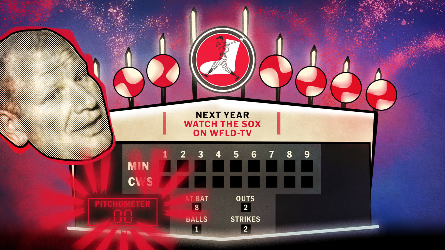 In a digital illustration, Bill Veeck's head hovers over the old Comiskey Park scoreboard with its pinwheels, fireworks and a Pitchometer