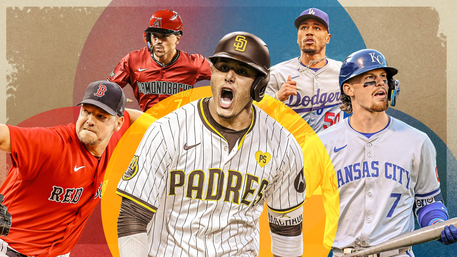 A photo illustration featuring Rich Hill of the Red Sox, Corbin Carroll of the D-backs, Manny Machado of the Padres, Mookie Betts of the Dodgers and Bobby Witt Jr. of the Royals