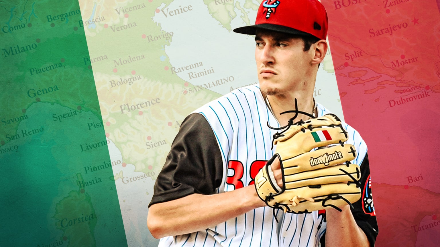 Angels pitcher Samuel Aldegheri shown pitching over a background of the Italian flag and a map detail of Italy