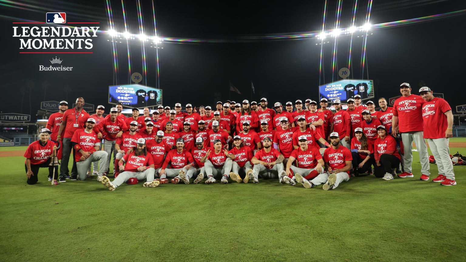 The Phillies pose for a team photo after clinching the NL East at Dodger Stadium 