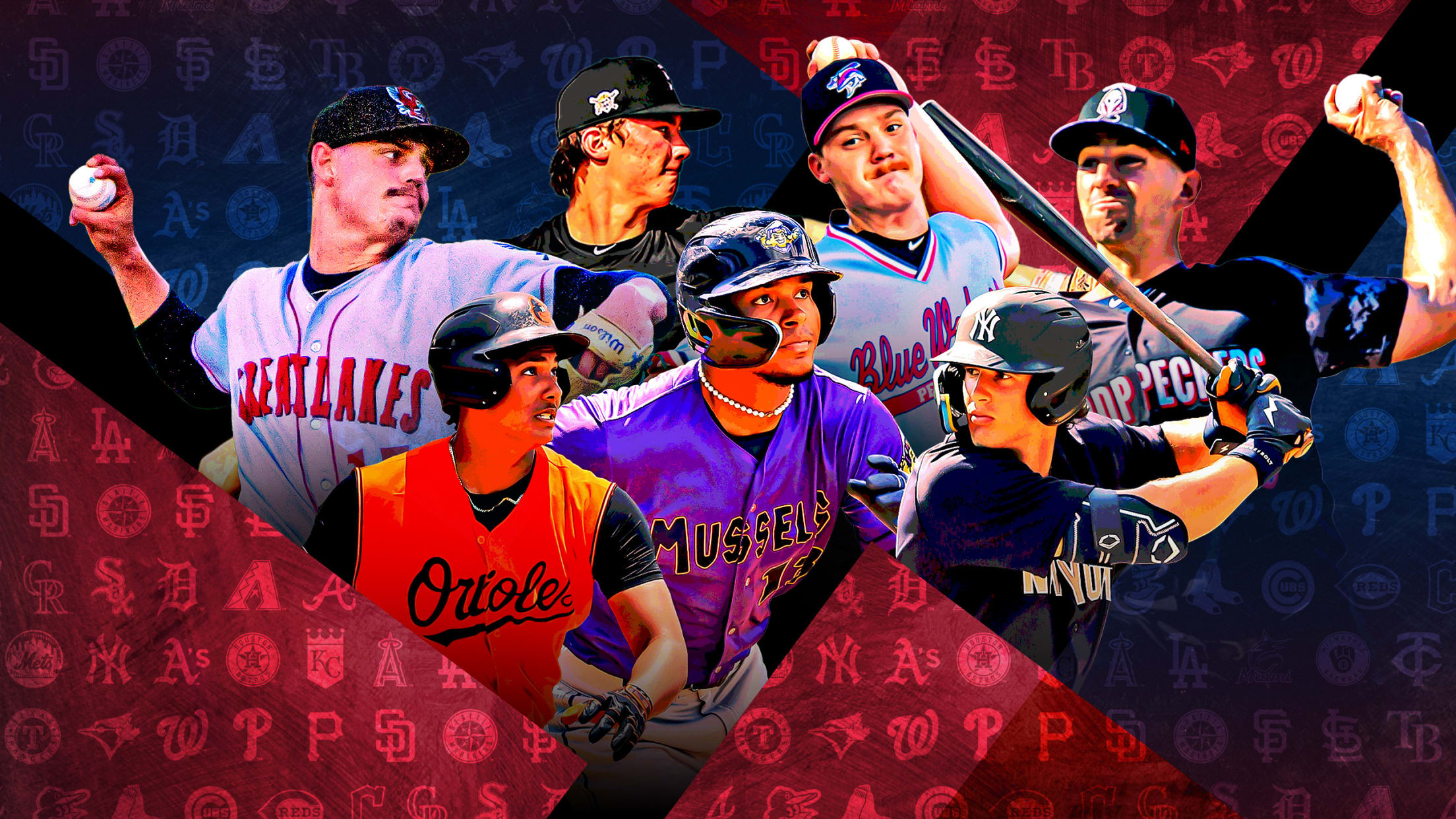 A photo illustration of 7 prospects clustered amid red and blue shapes with MLB team logos in them