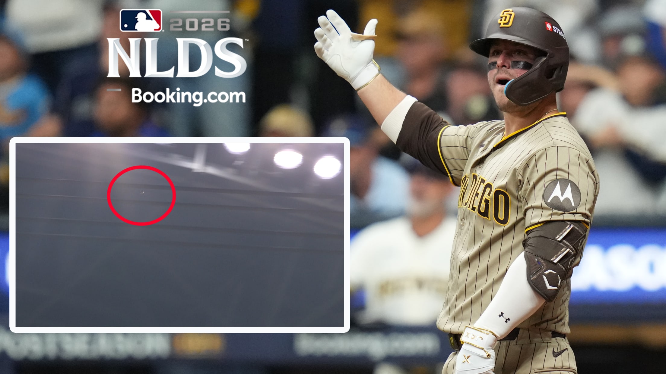 An image of Ty France raising an arm in disbelief with an inset of a baseball circled near cables in the rafters