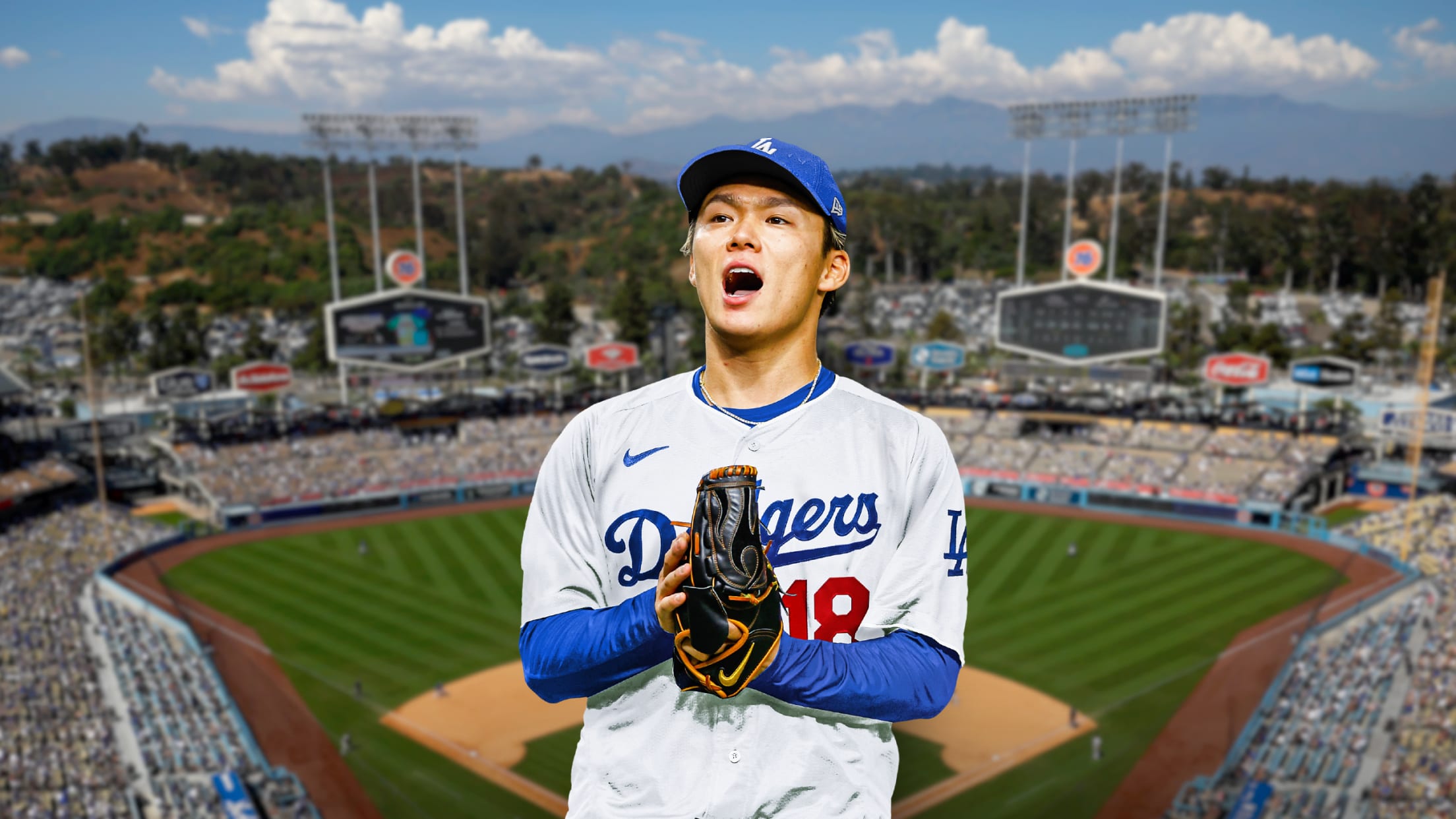 A photo illustration of Yoshinobu Yamamoto in front of a backdrop of Dodger Stadium