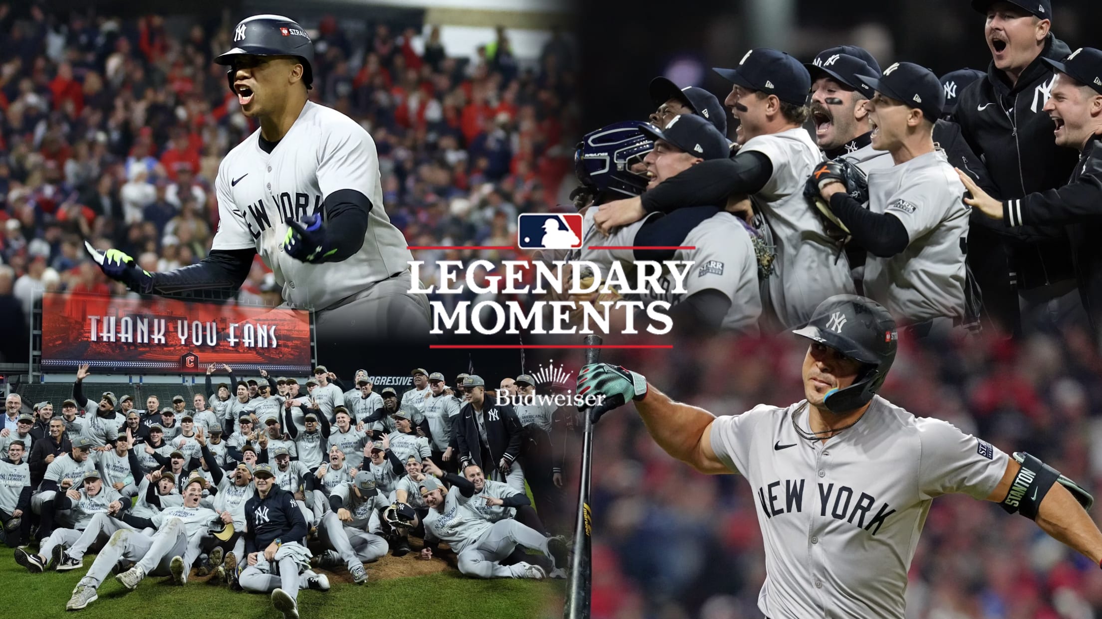 Scenes from the Yankees' ALCS clincher: Juan Soto celebrates his homer, the team rushes the field in celebration, Giancarlo Stanton throws his bat after his homer, and a group photo on the mound