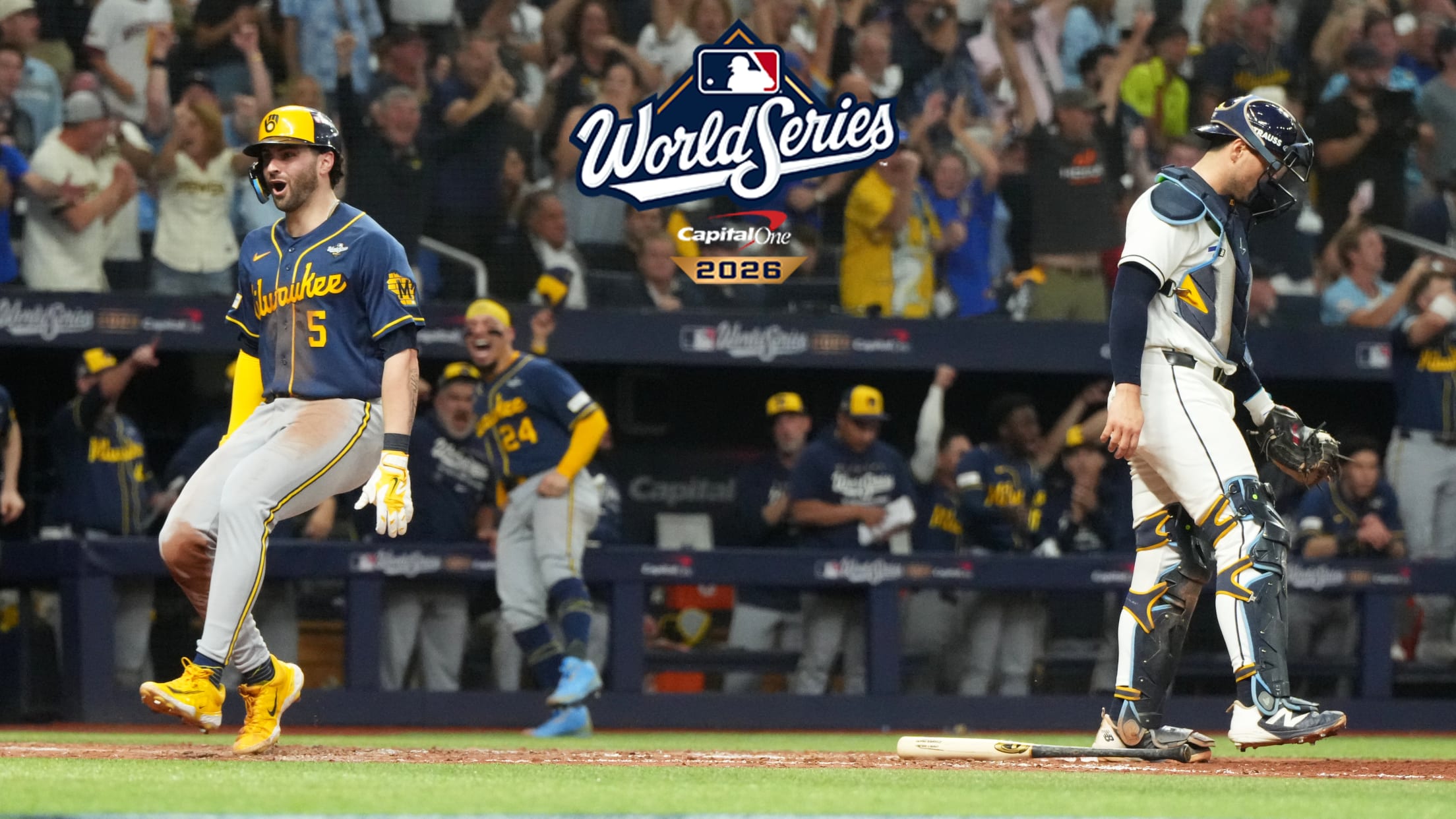 Garrett Mitchell scores one of the Brewers' 10 runs in Game 3