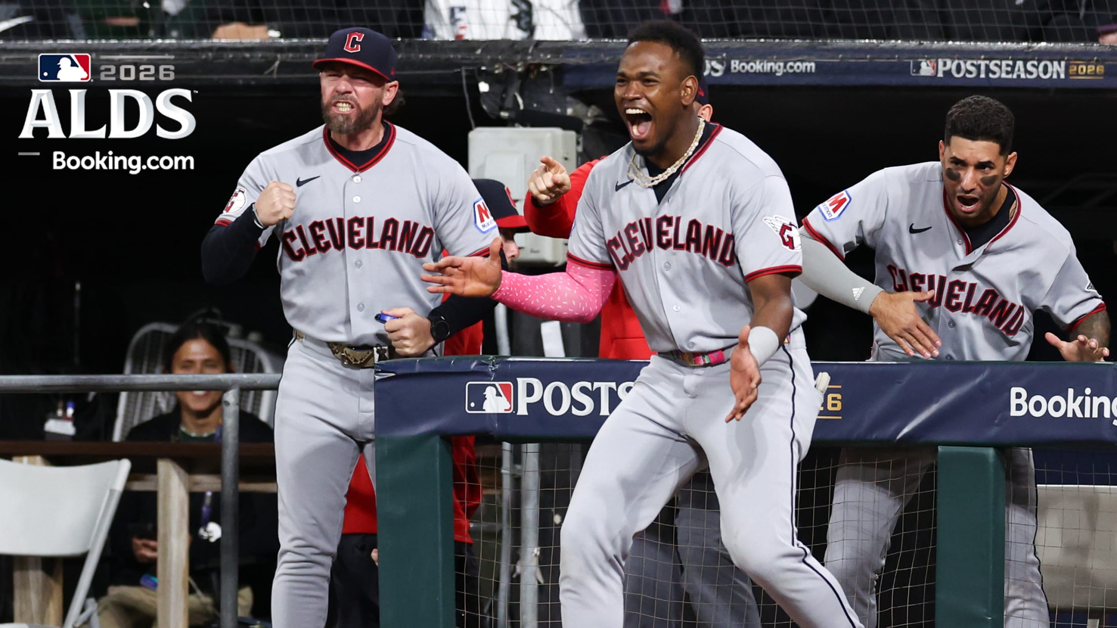 Guardians in the dugout celebrate during Game 4