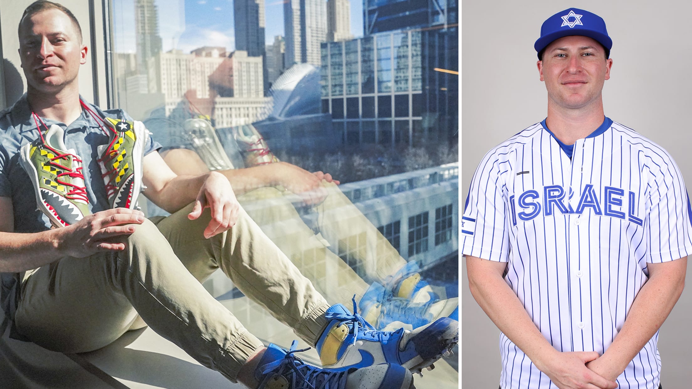 A split image of a man lounging in the window of a high-rise building and a portrait of him in an Israel baseball uniform