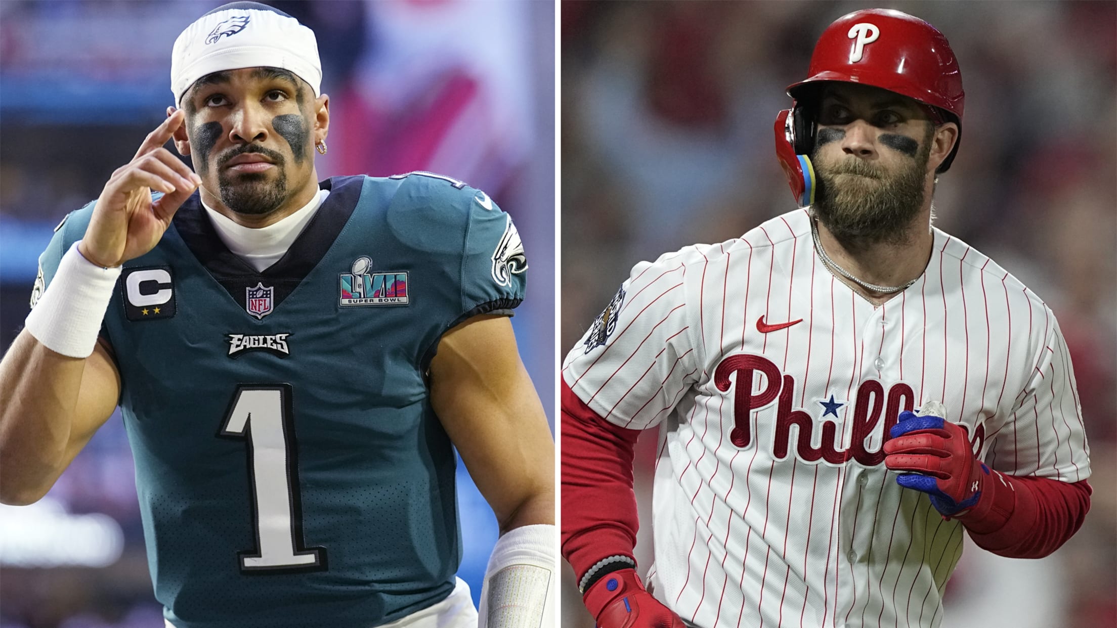 A split image showing Eagles quarterback Jalen Hurts and the Phillies' Bryce Harper