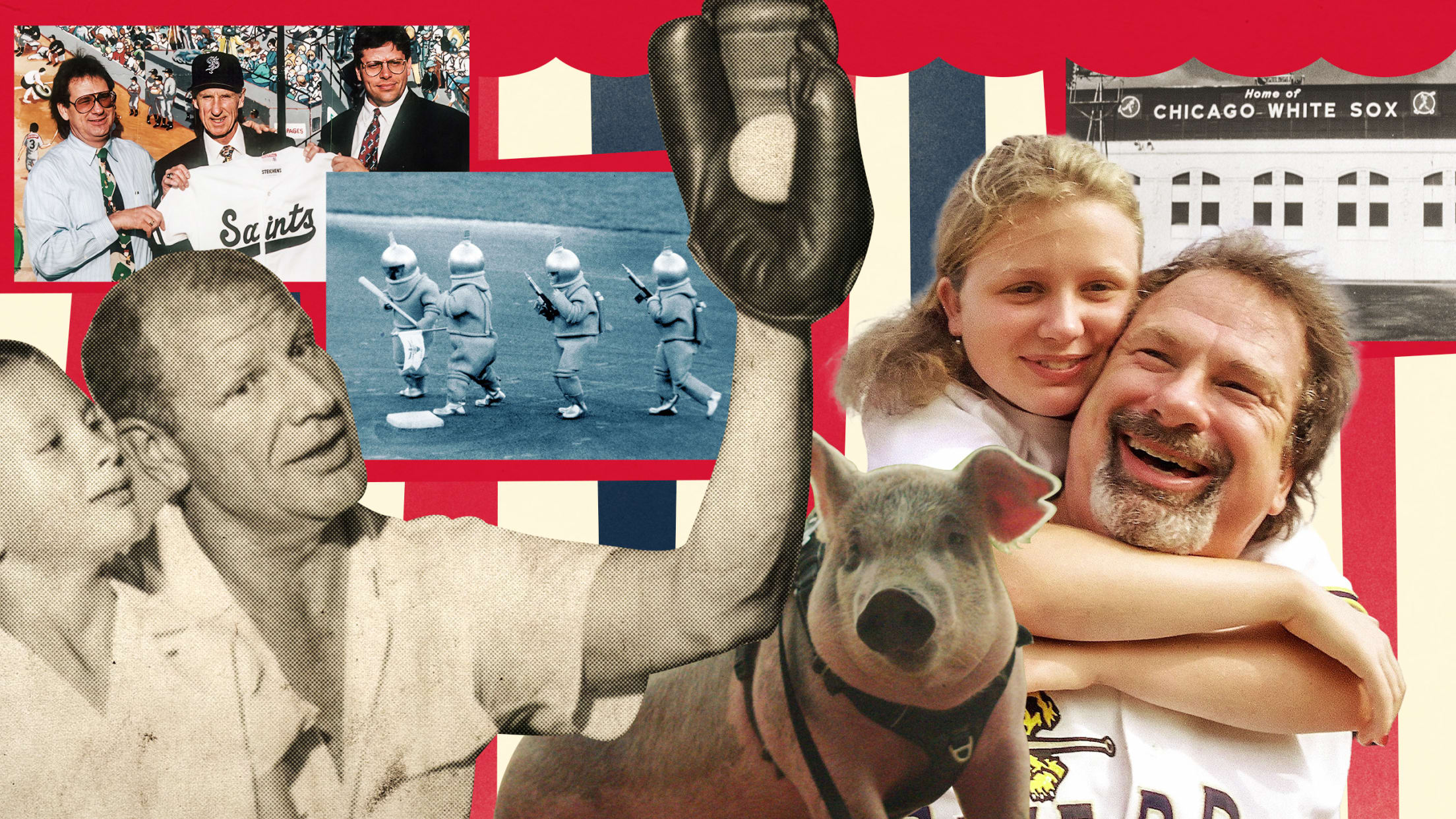 A photo illustration of Bill Veeck and Mike Veeck through the years, including Mike's daughter, Rebecca