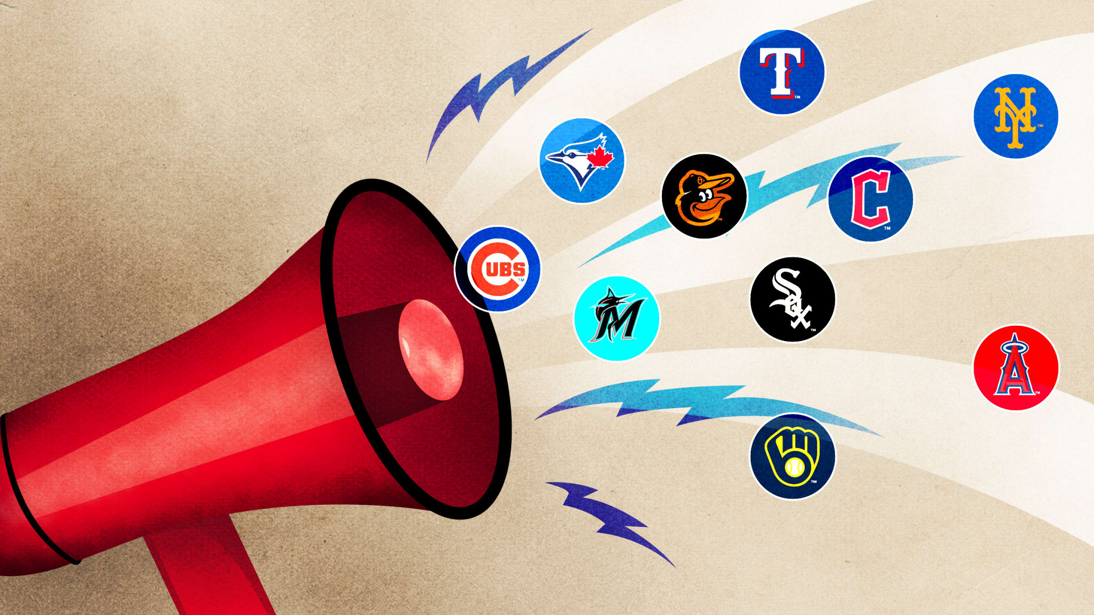 A graphic of a megaphone with 10 team logos coming out of it