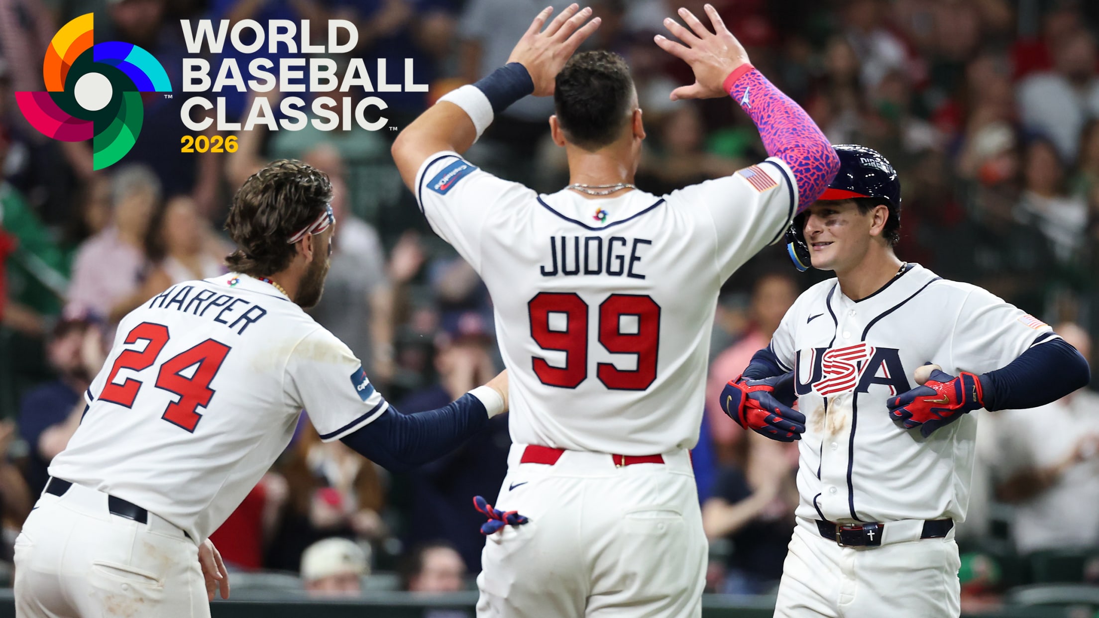 Bryce Harper and Aaron Judge greet Roman Anthony at the plate