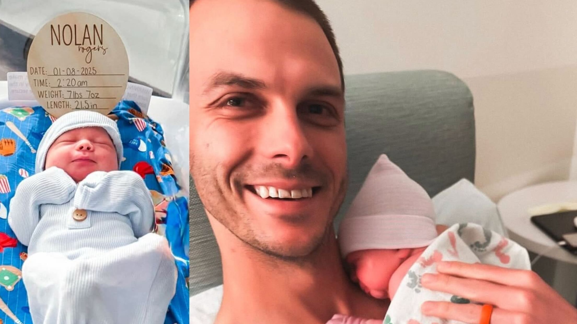 Giants reliever Tyler Rogers with his newborn son, Nolan Ryan Rogers