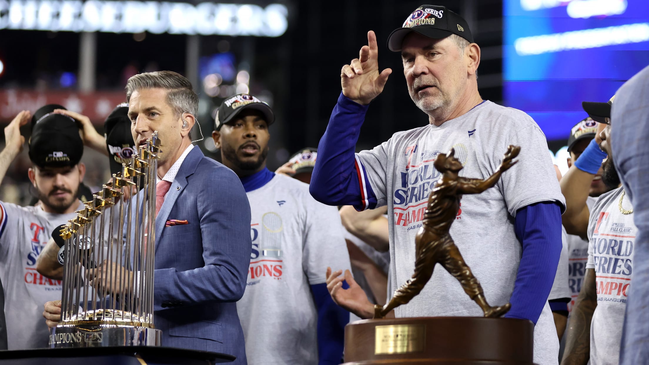 Bruce Bochy on stage after the game