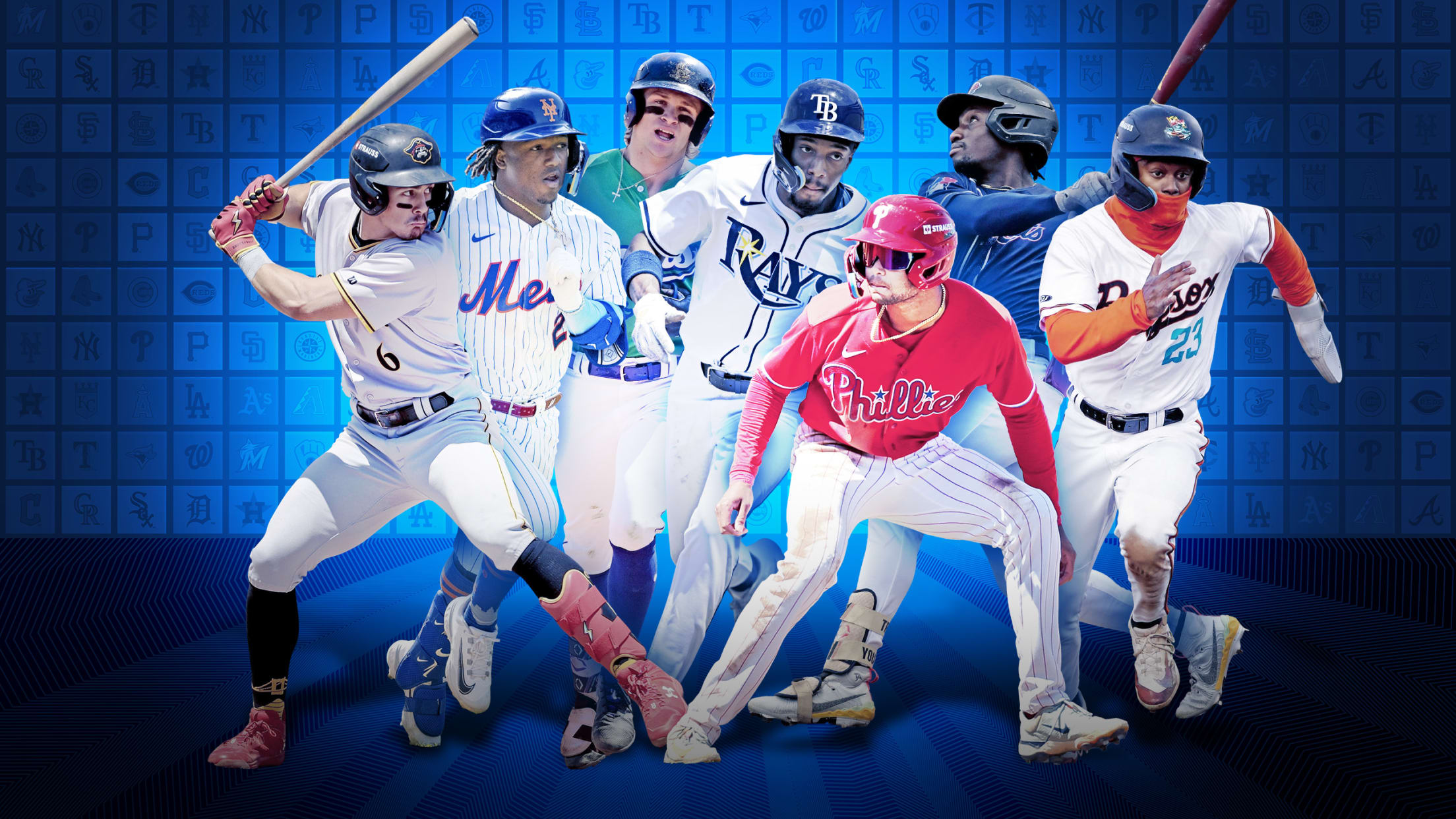Action images of 7 prospects against a blue background of MLB logos