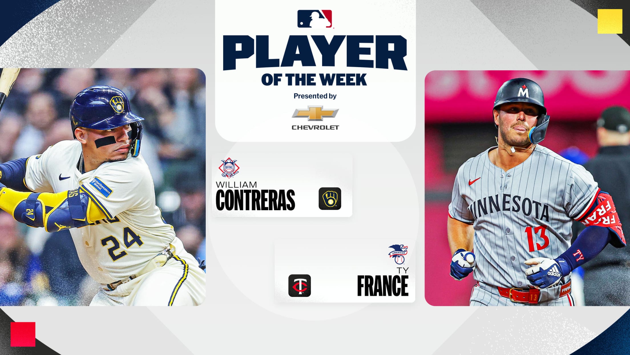 Images of the Brewers' William Contreras at bat and the Twins' Ty France jogging. At the top is the MLB logo and ''Player of the Week presented by Chevrolet'' above the players' names