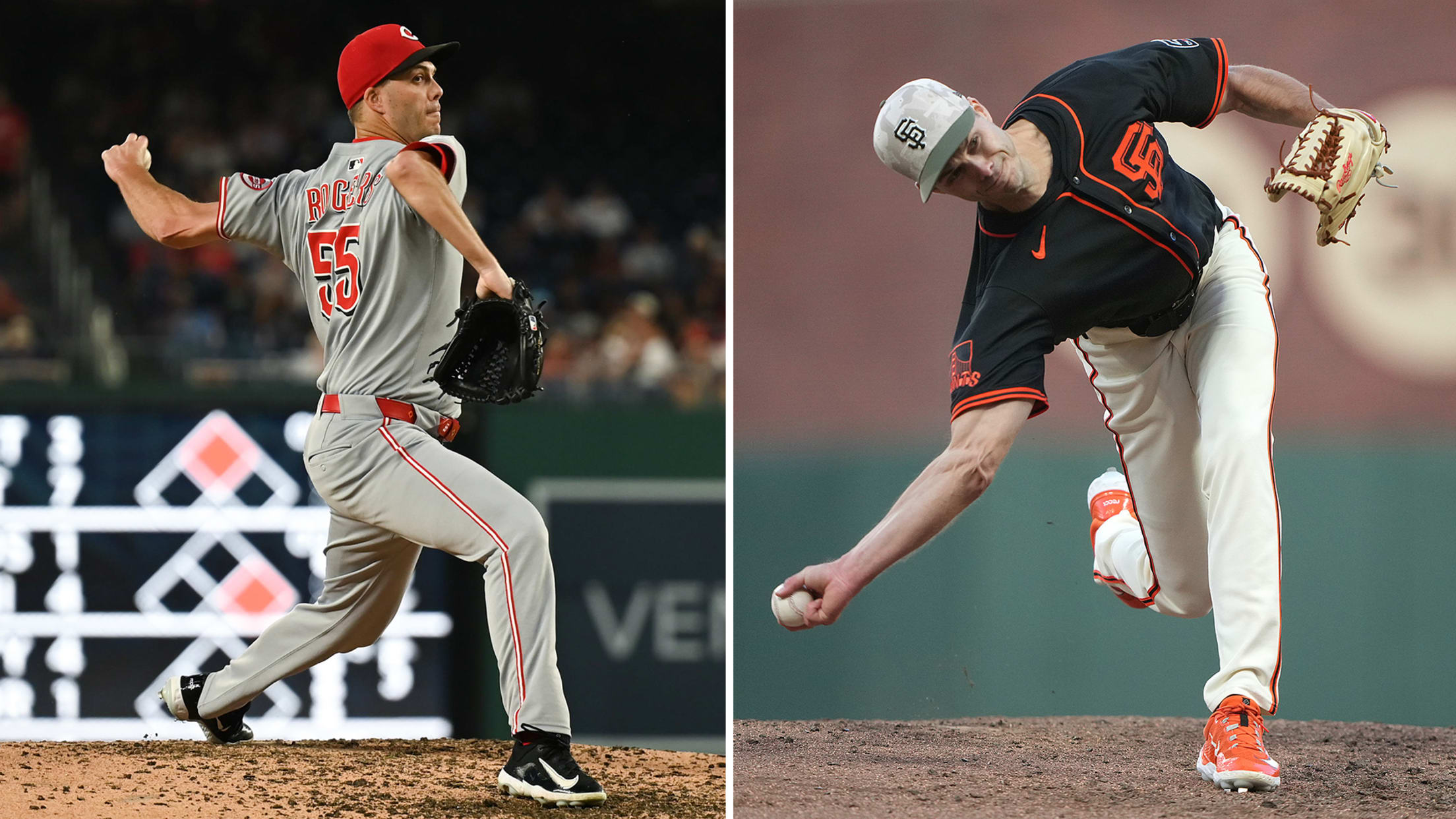 Side-by-side images of Taylor and Tyler Rogers pitching