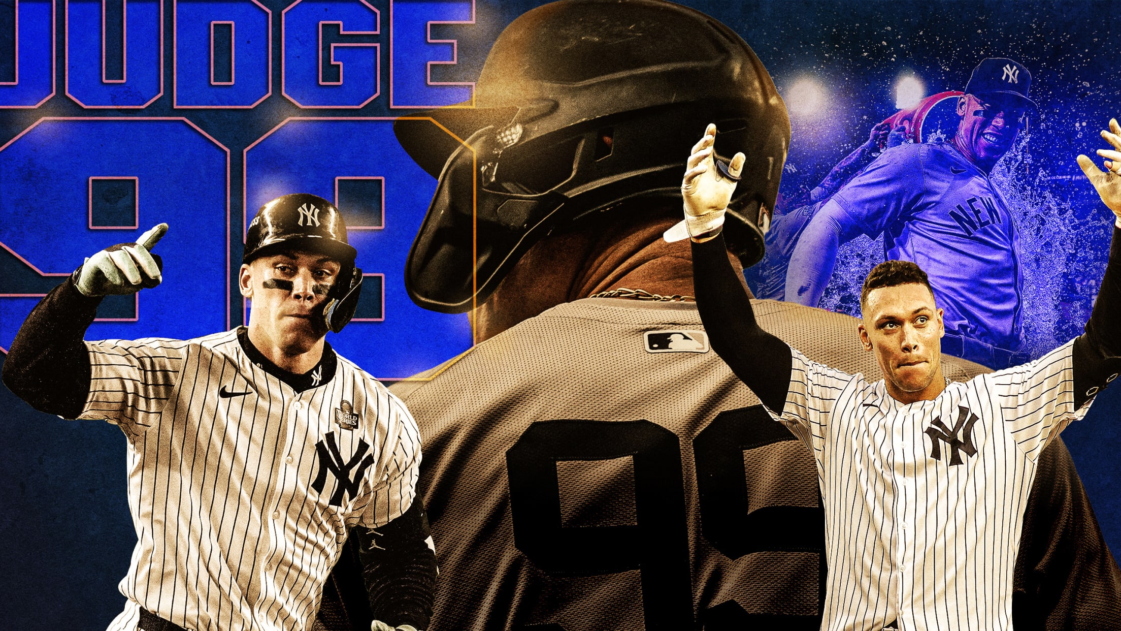 Several images of Aaron Judge in action with his last name and number 99