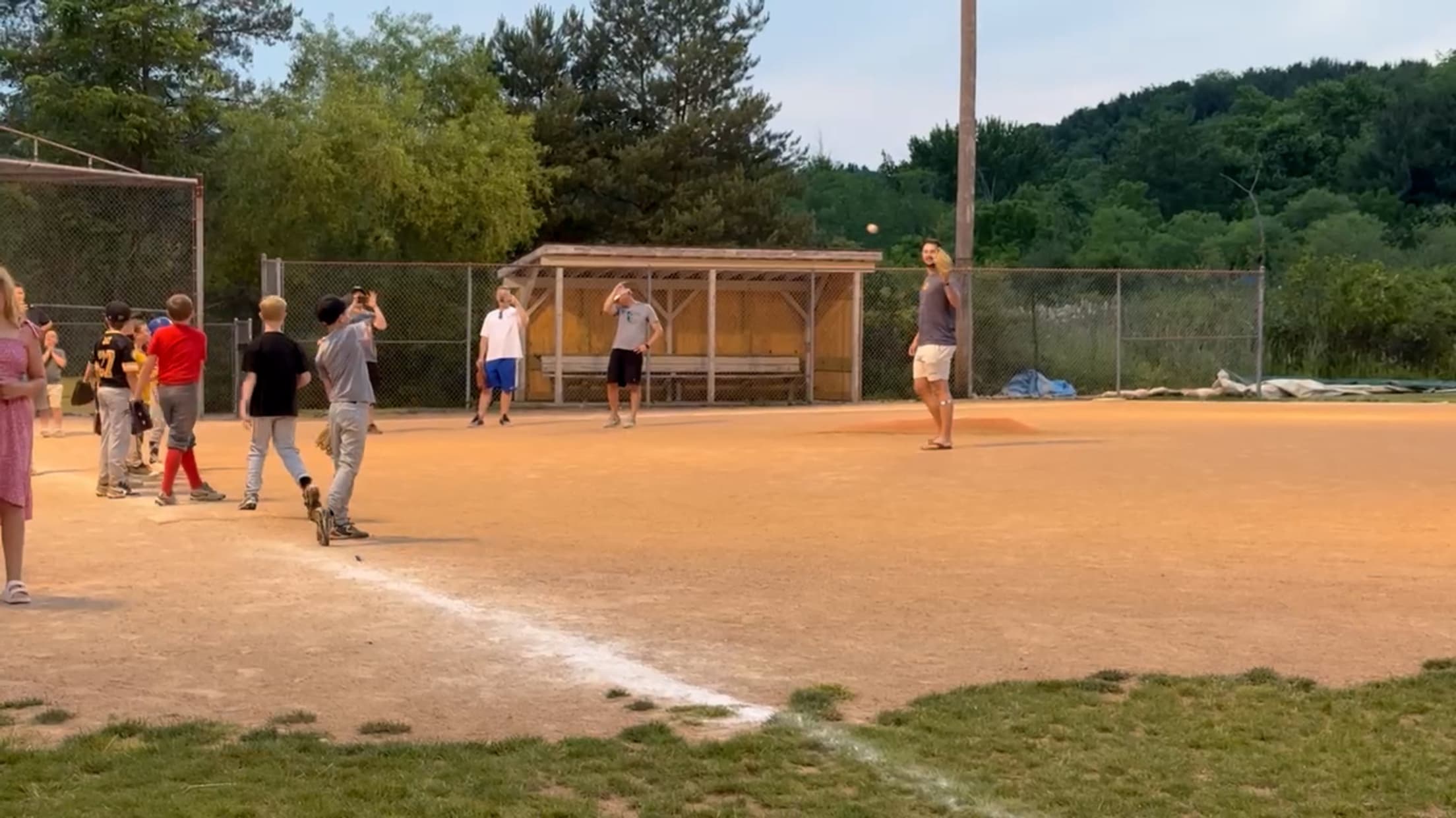 Skenes stops by LL field to have catch with kids