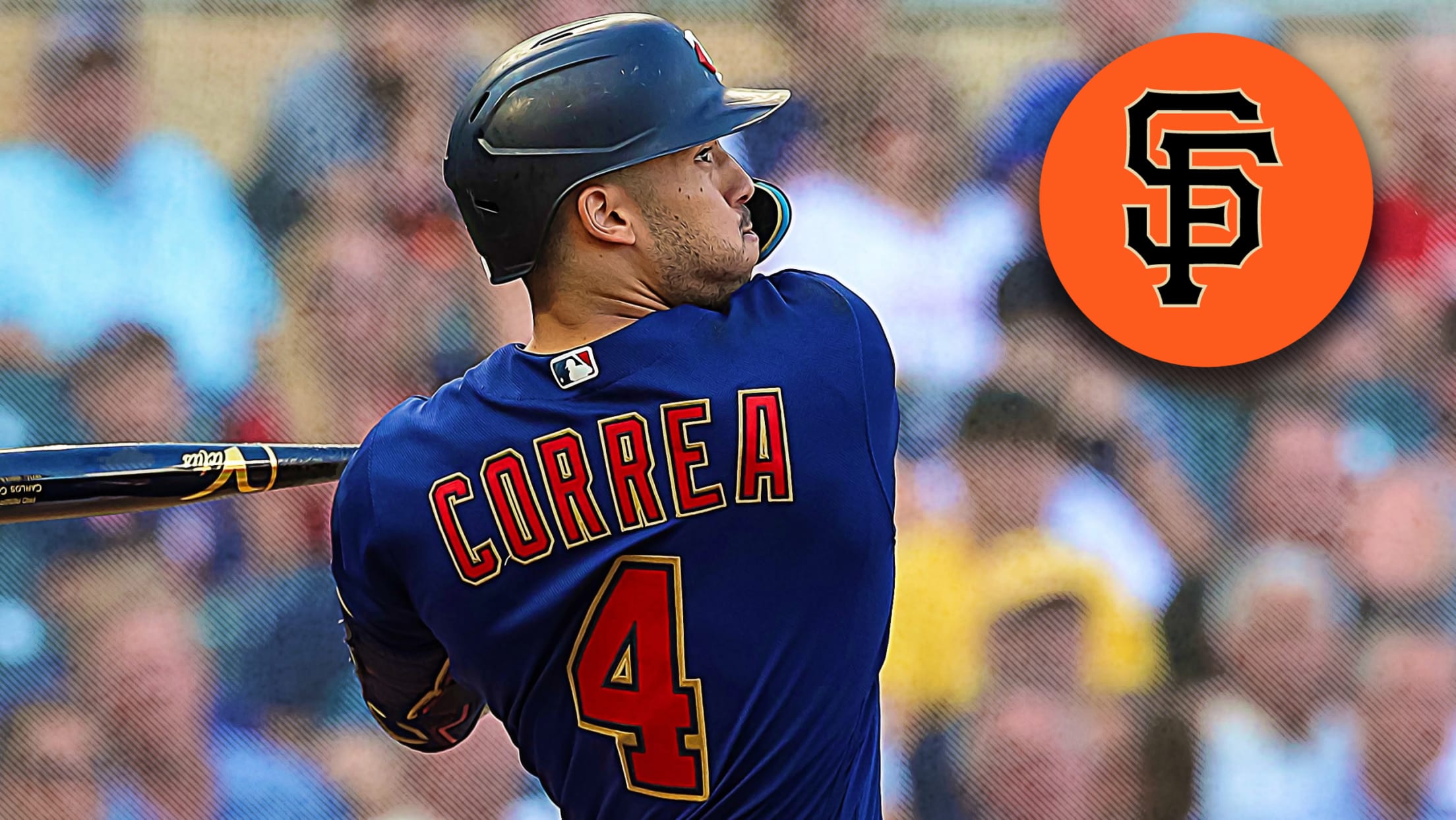 Carlos Correa follows through on a swing, with a Giants logo superimposed over the top right corner