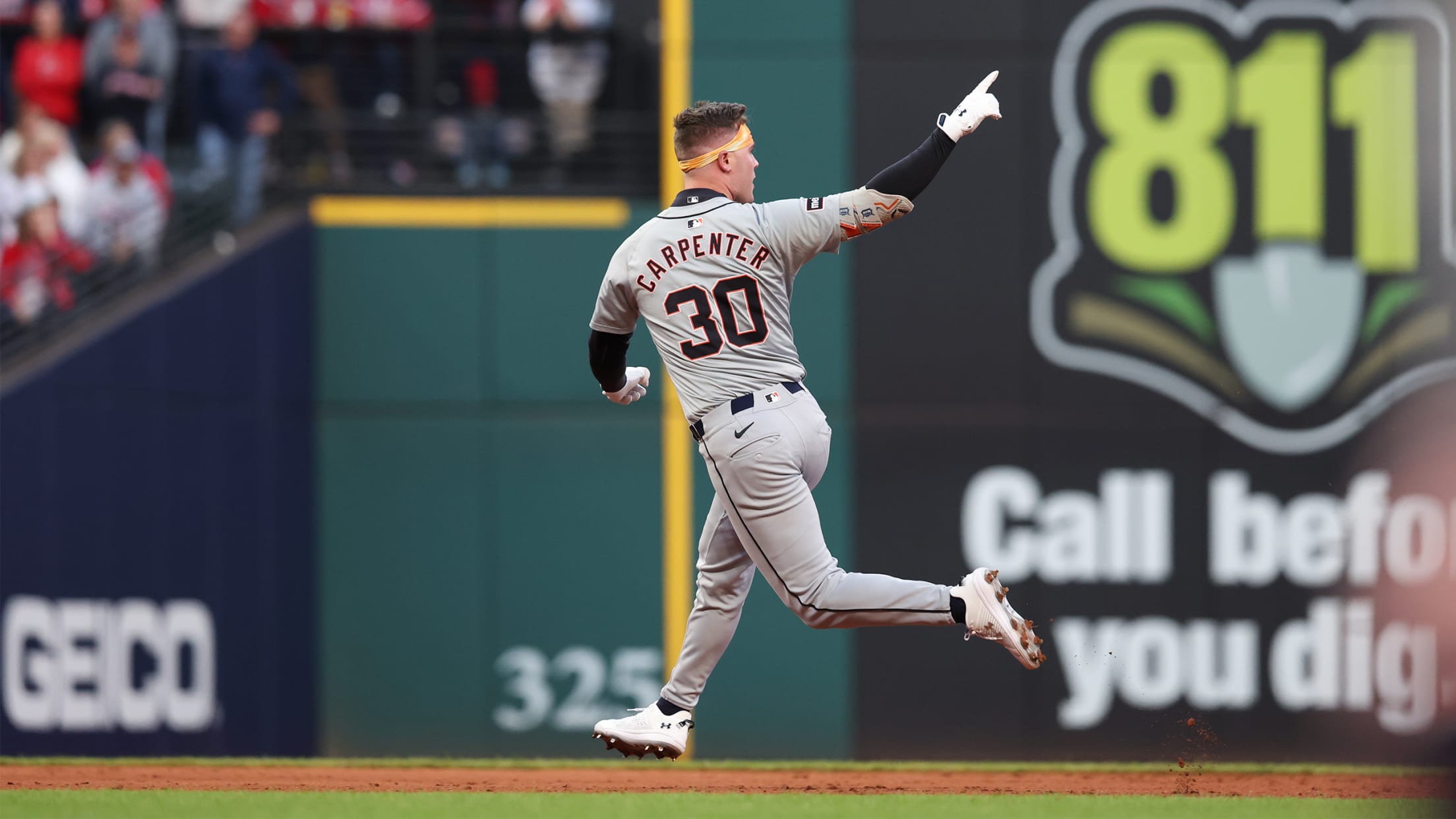 Detroit's Kerry Carpenter points toward the outfield on his Game 2 home run trot