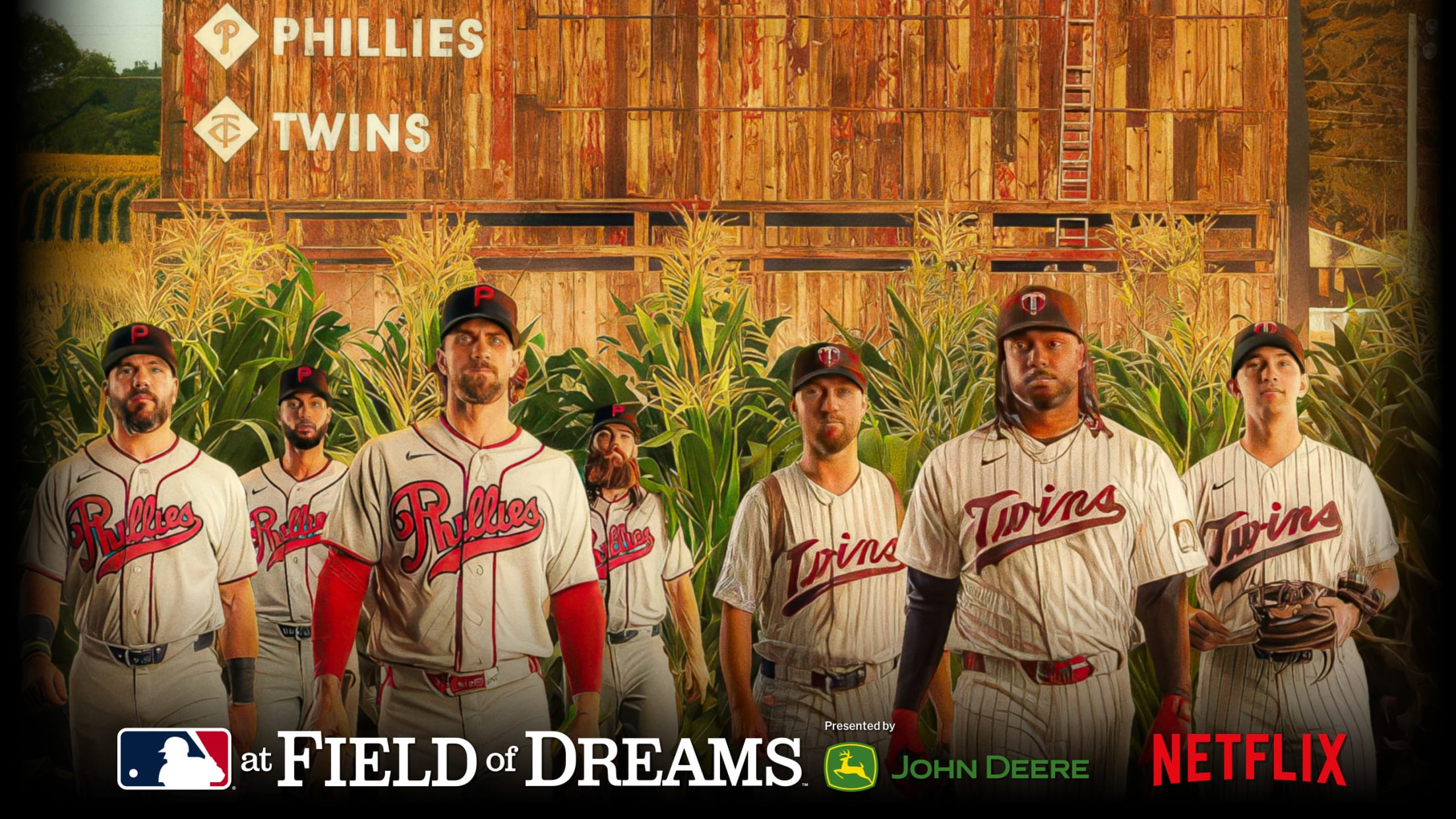 A designed image showing Phillies and Twins players in front of stalks of corn and a wooden manual scoreboard