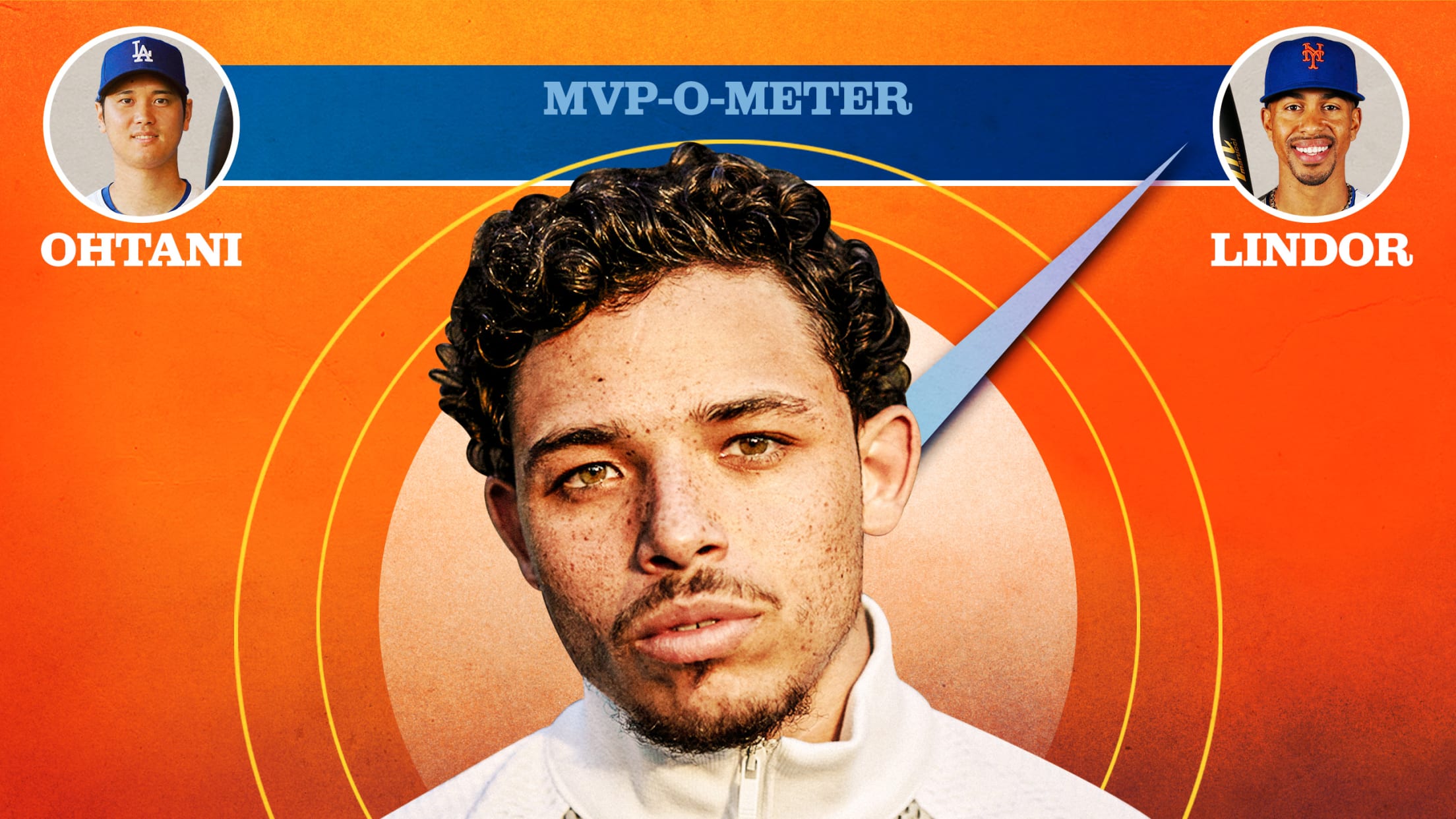 A photo illustration of actor Anthony Ramos, with an MVP-O-Meter behind him with Shohei Ohtani on the left and an arrow pointing to Francisco Lindor on the right