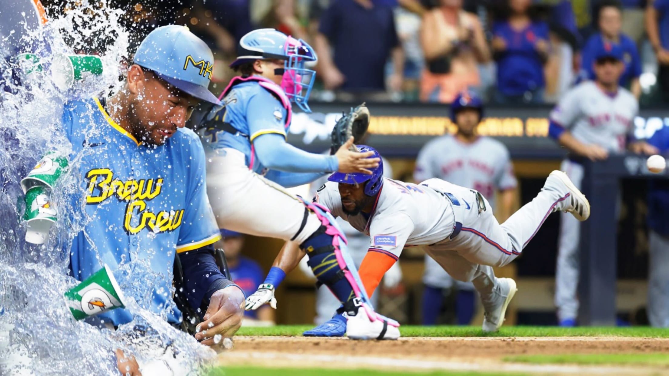 A composite image of Brewers outfielder Blake Perkins getting doused with water and catcher William Contreras preparing to catch a throw to the plate with the Mets' Starling Marte diving in