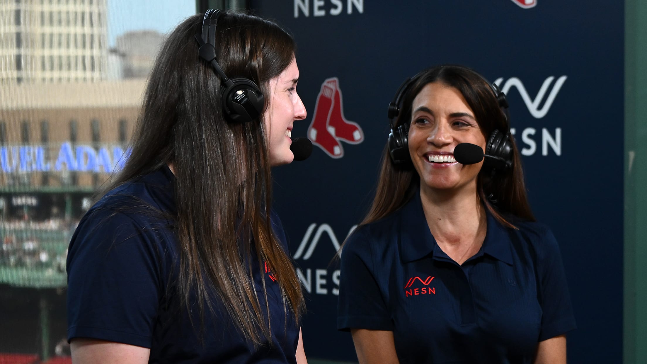 Emma Tiedemann and Alanna Rizzo in the Red Sox broadcast booth