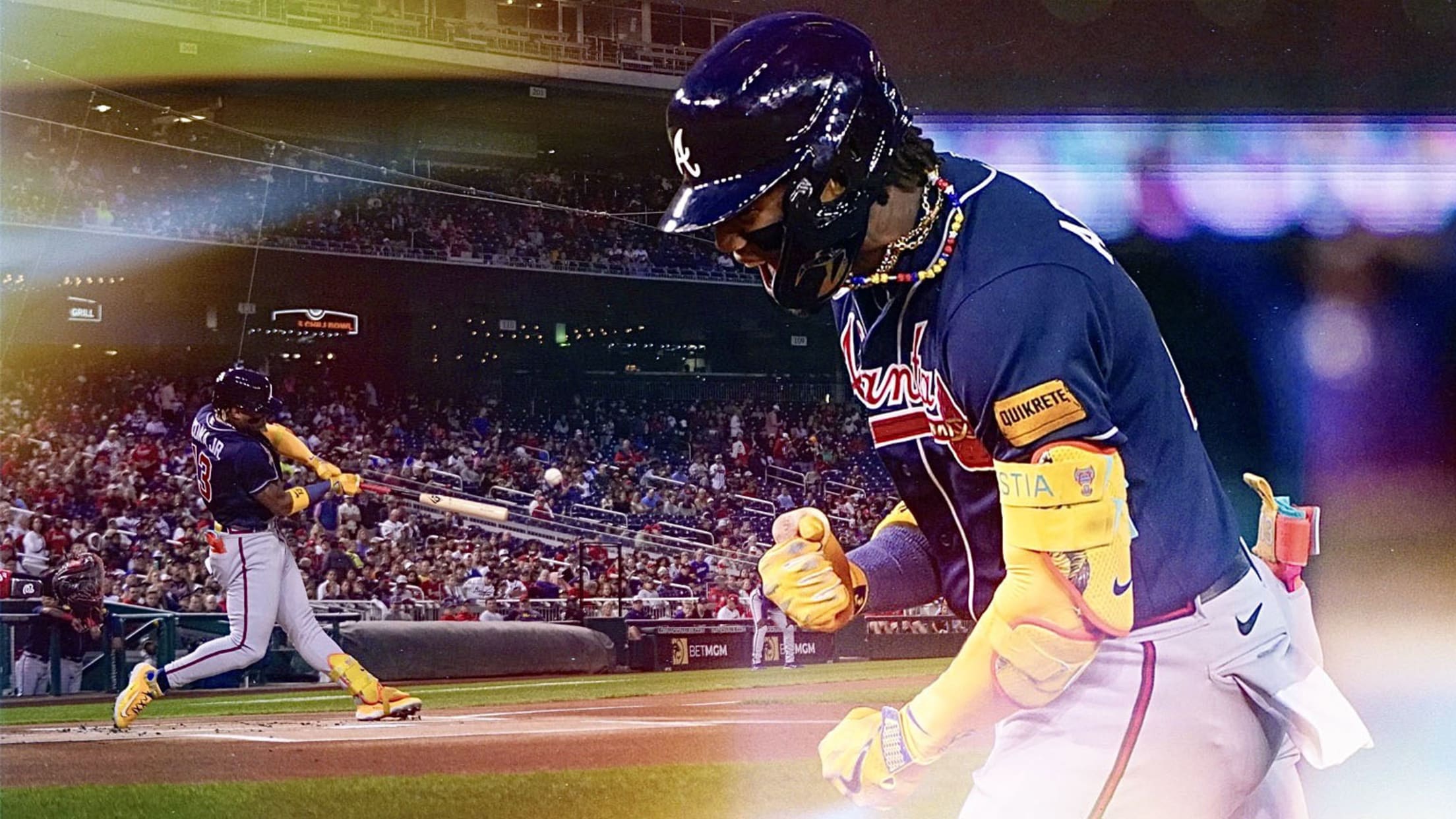 A composite photo of Ronald Acuña Jr. hitting a home run and then pumping his fist as he rounds the bases