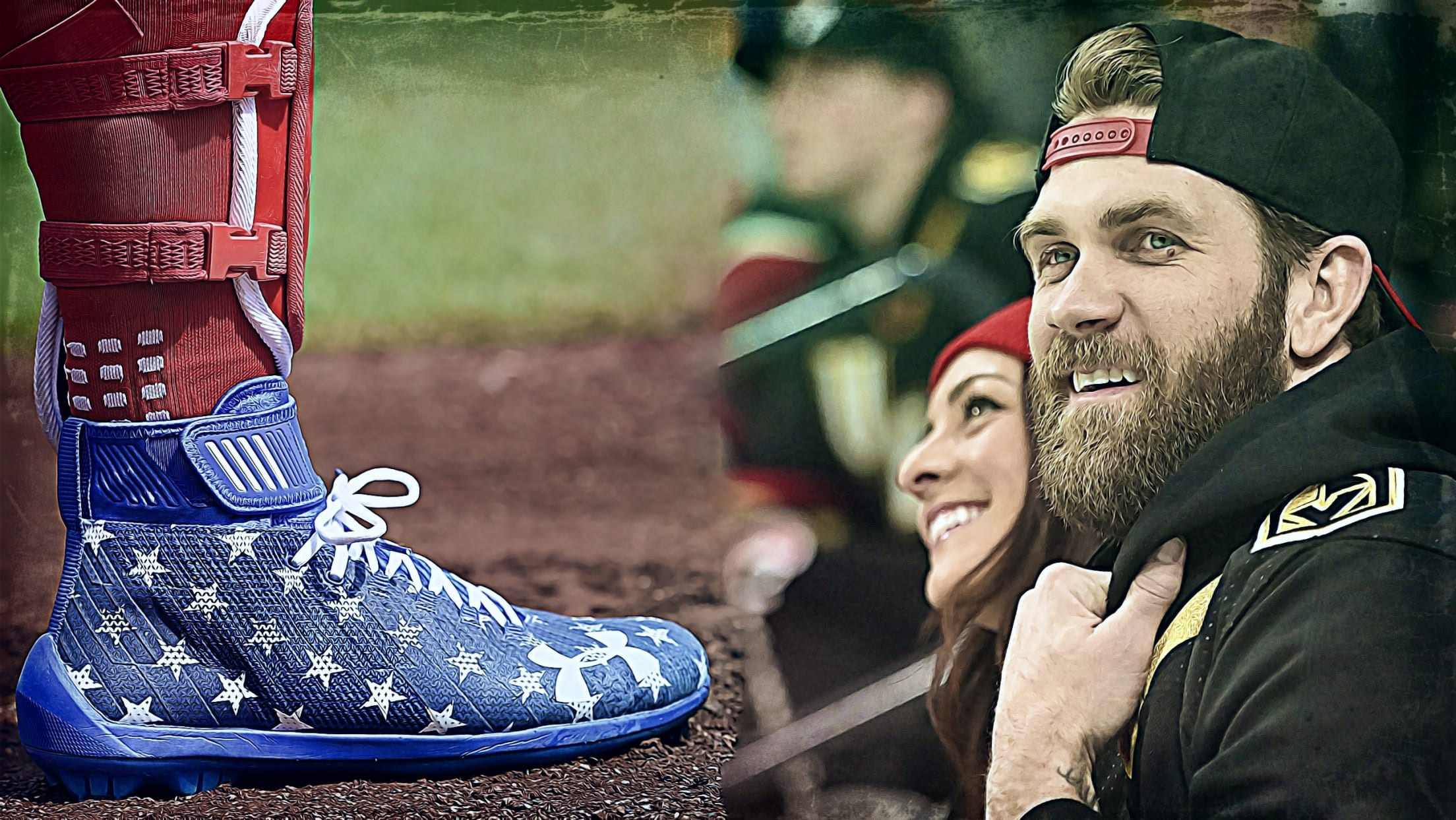 A split image showing a blue cleat with white stars on it and Bryce Harper smiling in a backwards baseball cap