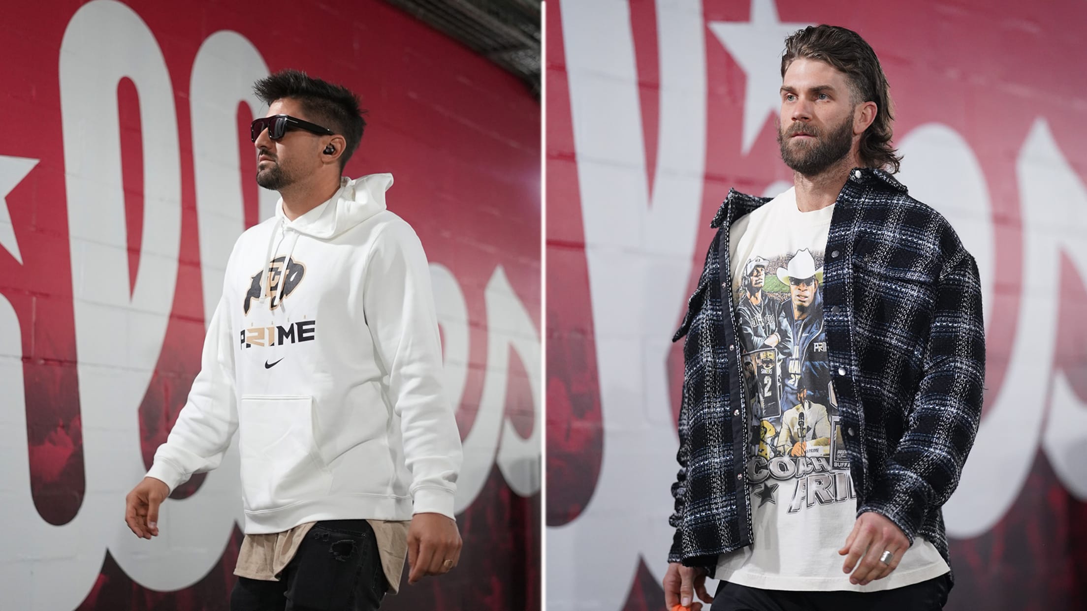 Nick Castellanos and Bryce Harper arrive at the ballpark for Game 3