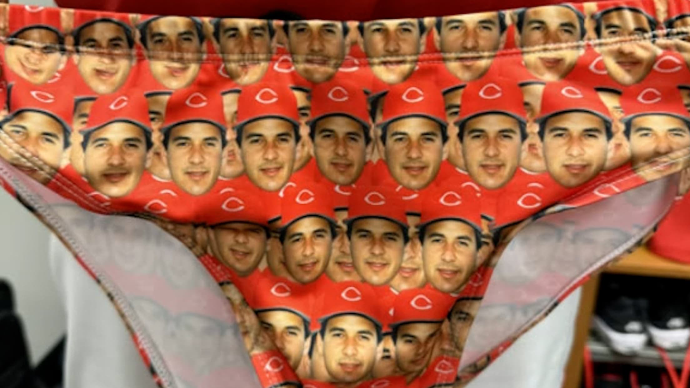 Terry Francona's headshot from his playing days on a pair of swim trunks