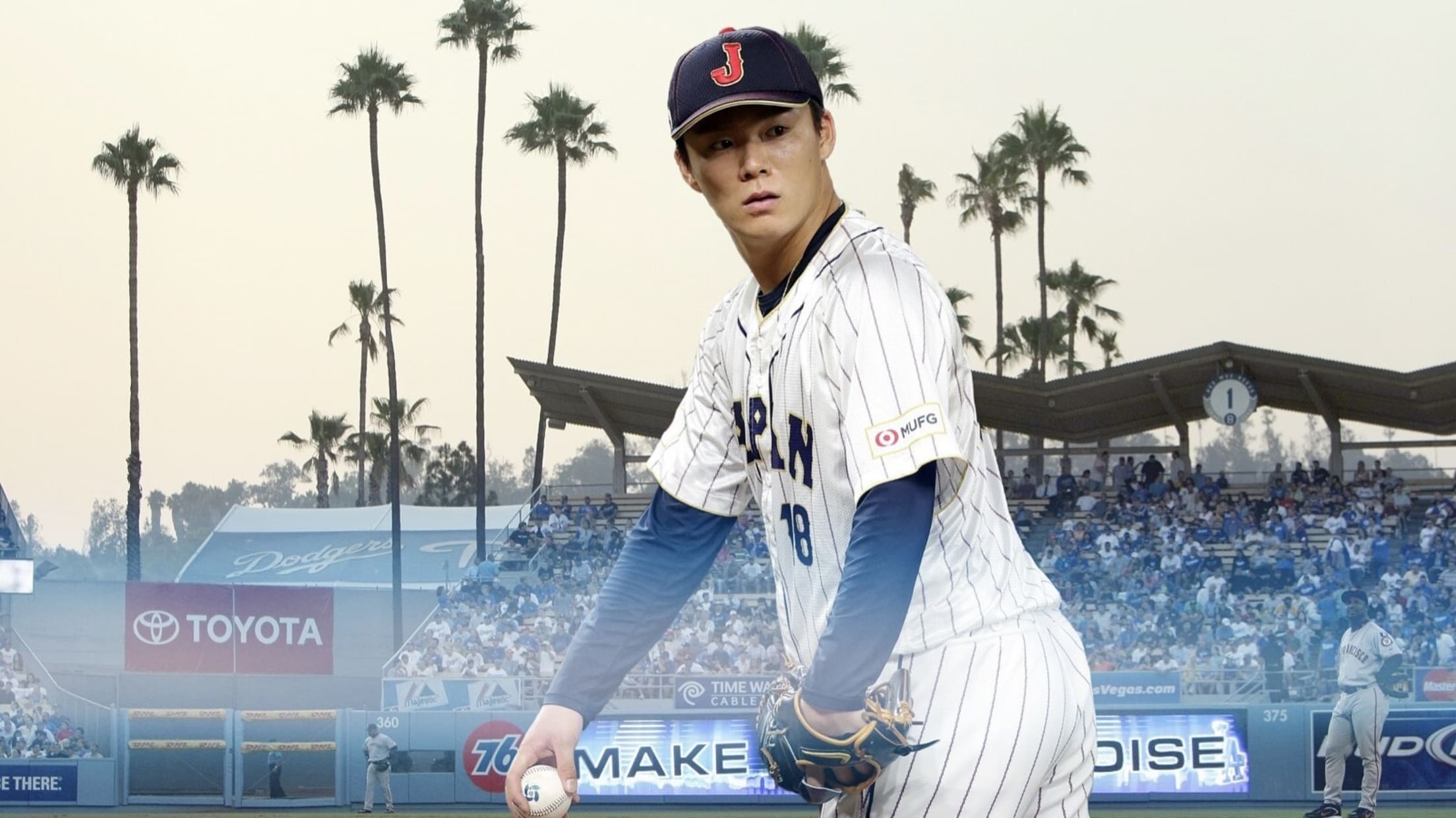 A photo illustration of Yoshinobu Yamamoto against a background of Dodger Stadium