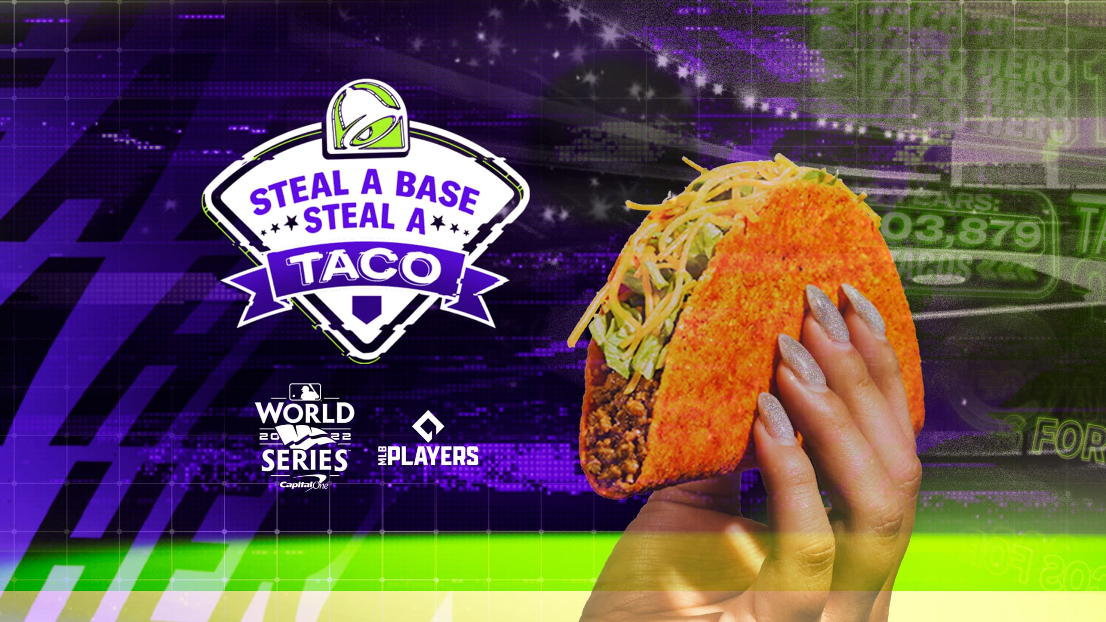 A hand holds a taco, with the Steal a Base, Steal a Taco logo on the left