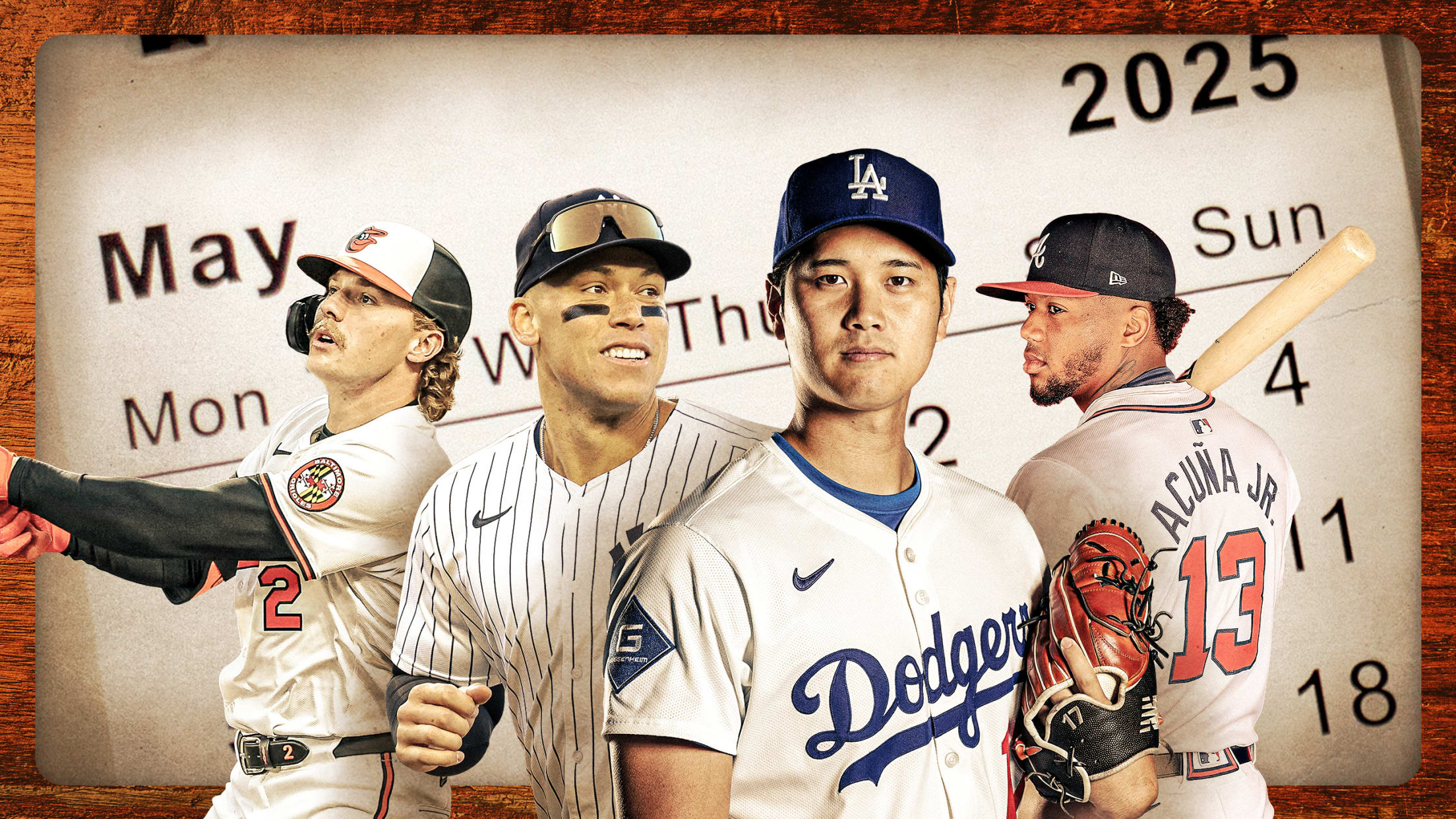 Images of Gunnar Henderson, Aaron Judge, Shohei Ohtani and Ronald Acuña Jr. over a graphic of a calendar page for May 2025