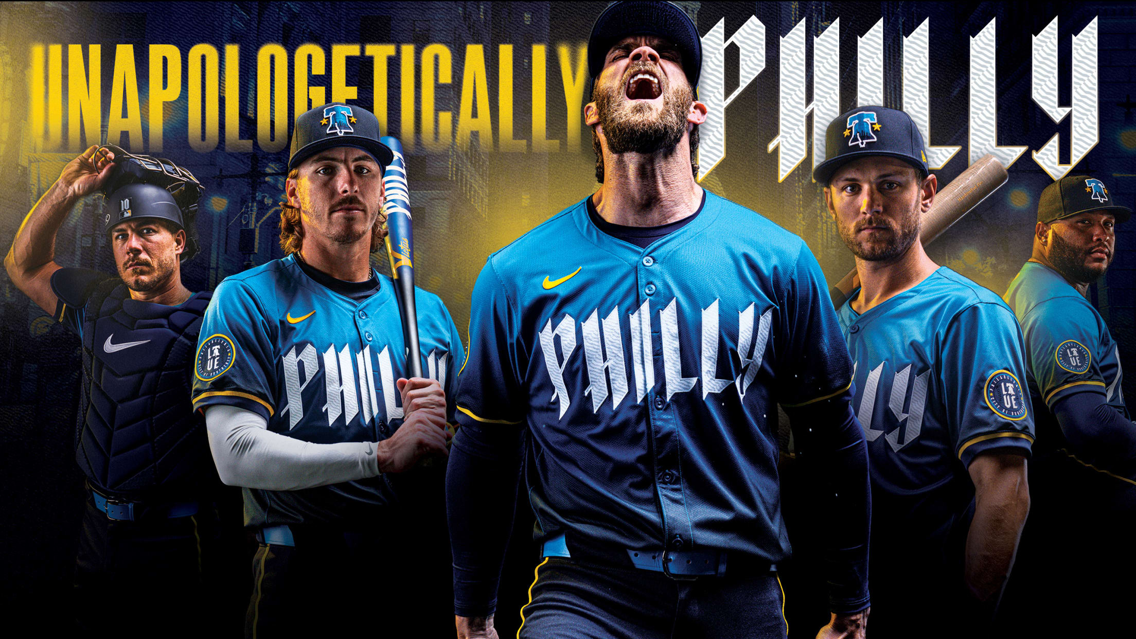 The Phillies' City Connect uniforms are rendered in midnight blue, light blue and yellow