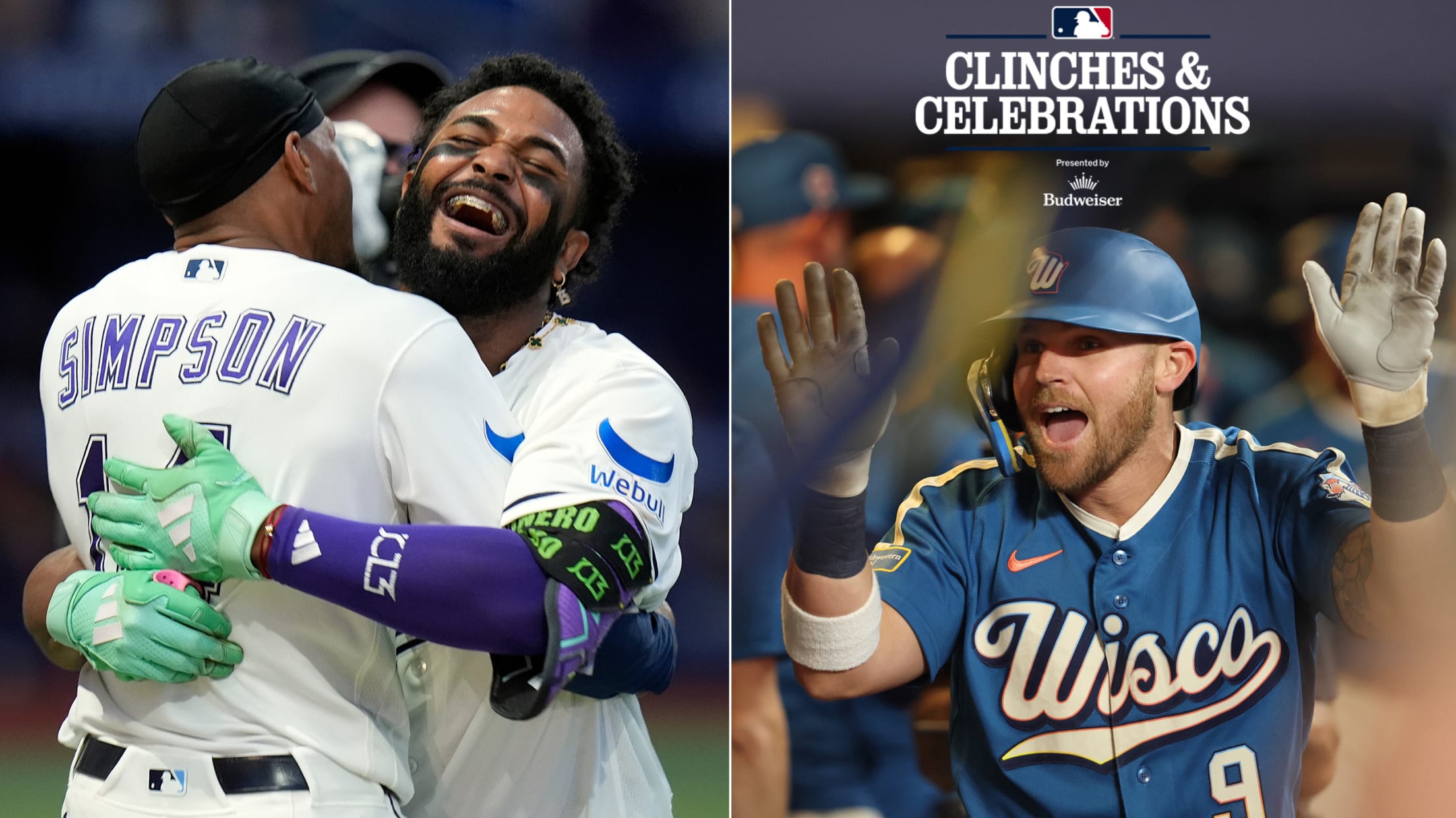 The Rays' Chandler Simpson and Junior Caminero embrace, and the Brewers' Jake Bauers gets high-fives in the dugout