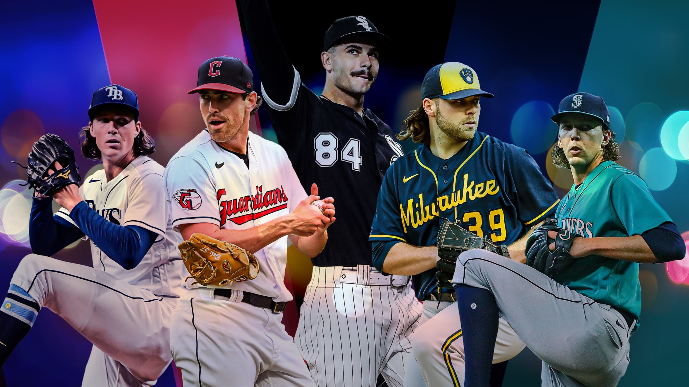 A photo illustration including Tyler Glasnow, Shane Bieber, Dylan Cease, Corbin Burnes and Logan Gilbert