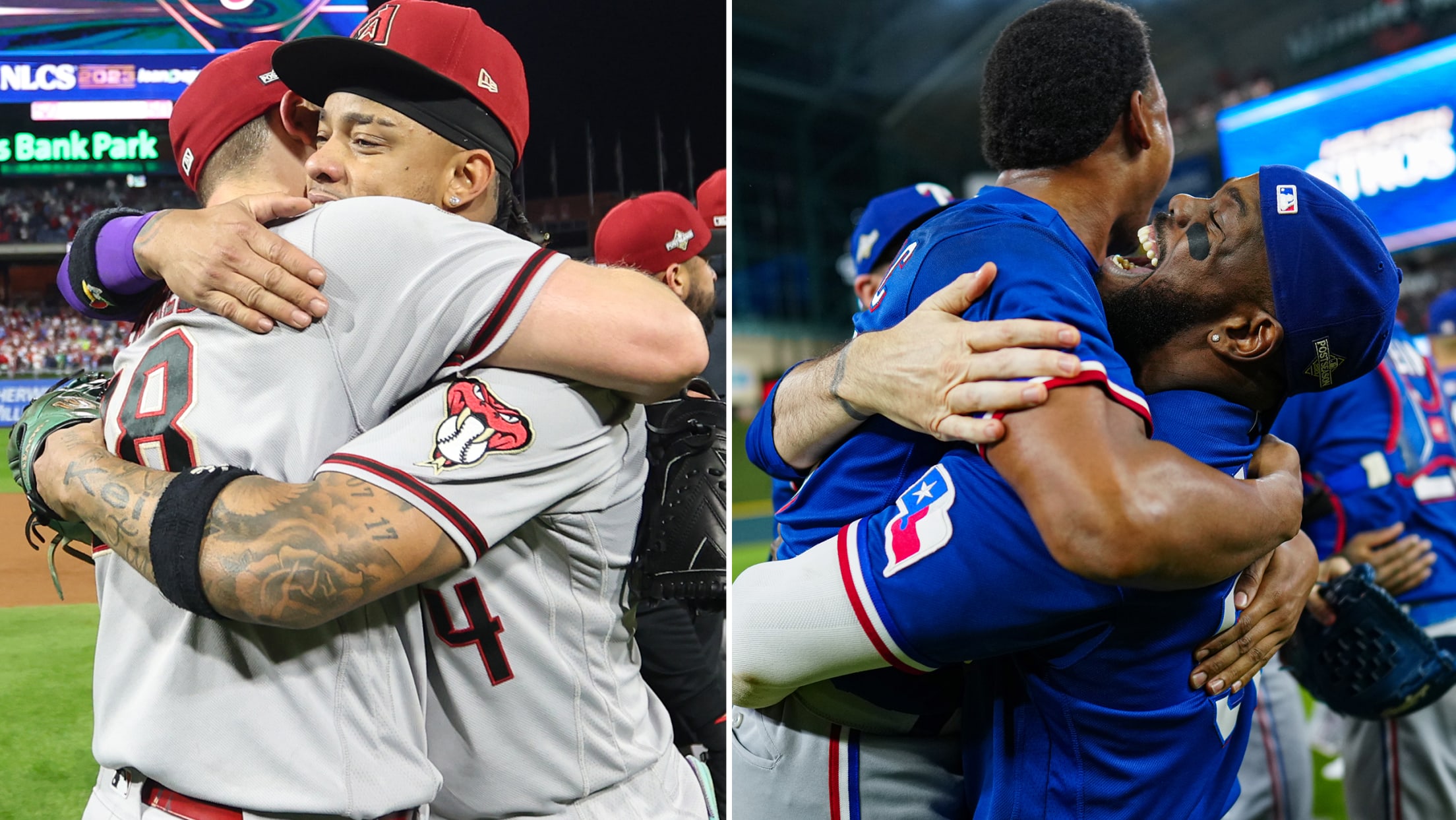 D-backs and Rangers players hug after clinching their pennants