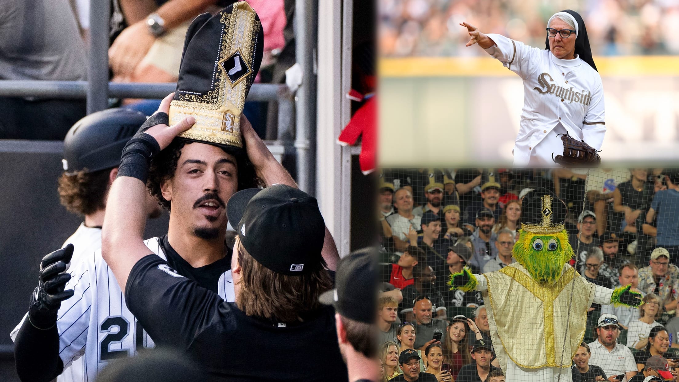Images from the White Sox Pope Hat Night: Miguel Vargas donning one after a home run, a nun's first pitch and mascot Southpaw in a hat and robe