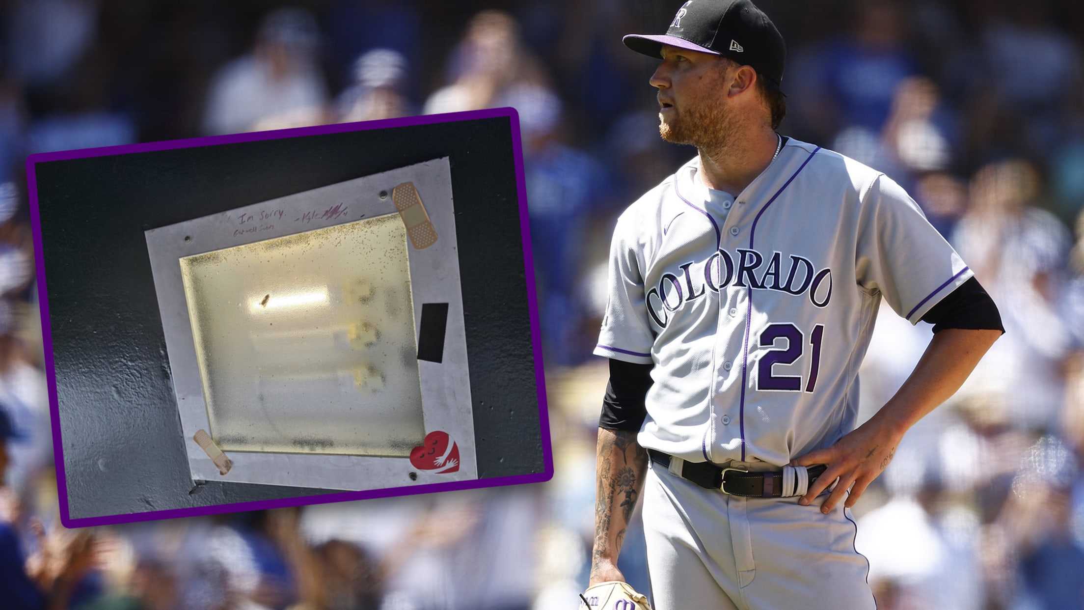 A photo of Kyle Freeland standing on the field with an inset picture of a ceiling light with writing and Band-Aids on its frame