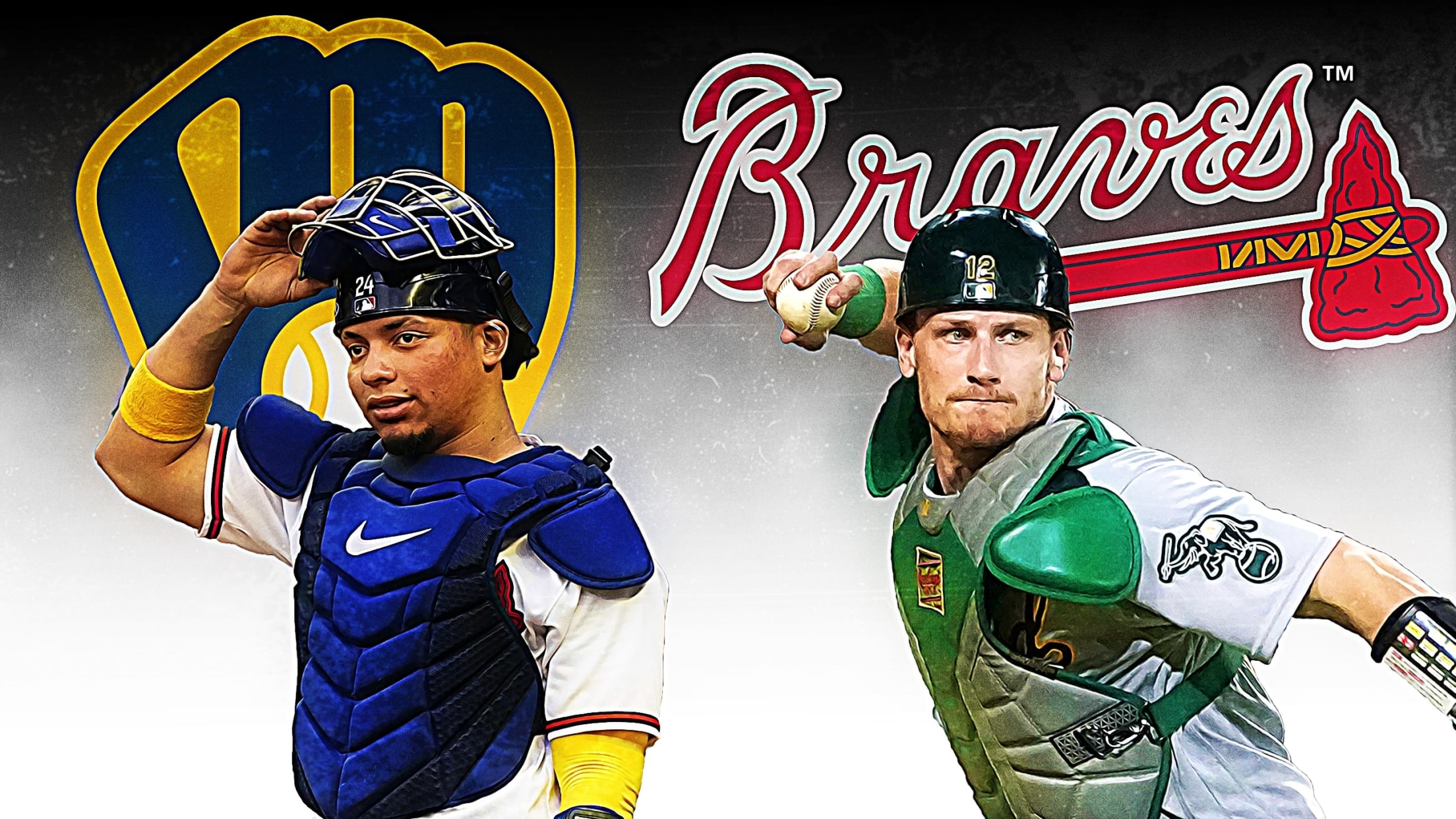 A photo illustration showing catcher William Contreras in front of a Brewers logo and catcher Sean Murphy in front of a Braves logo