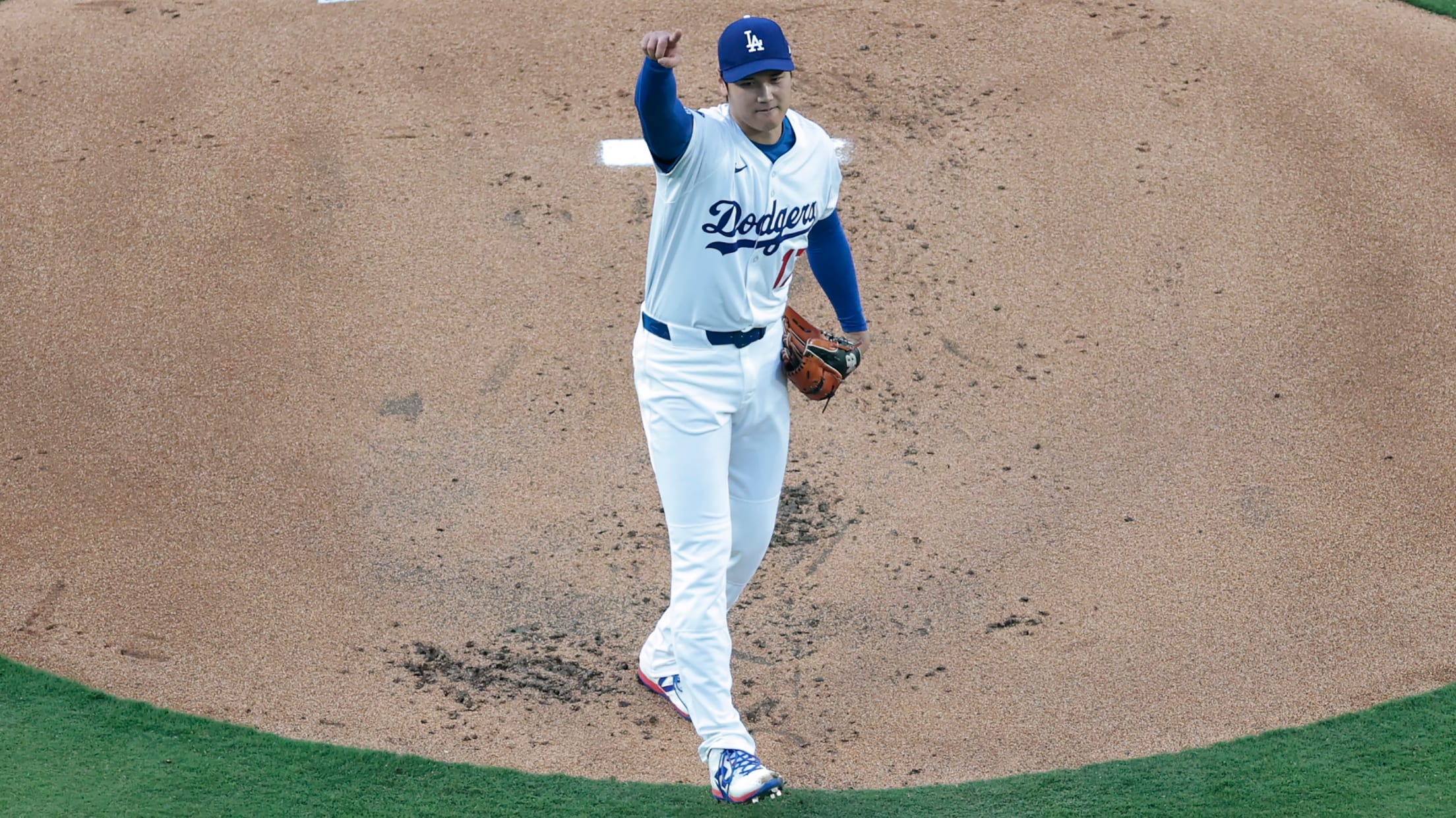 A view from above after Shohei Ohtani follows through on a pitch