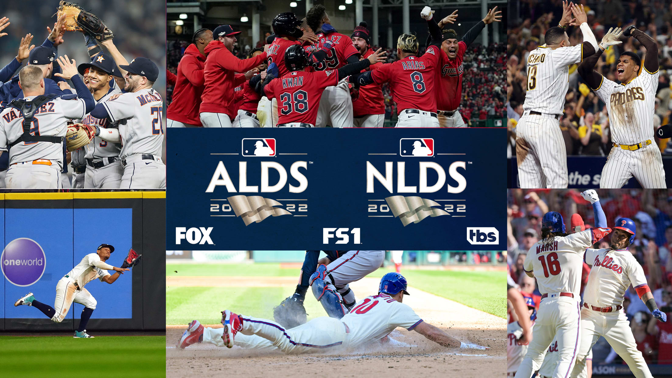 A collage of images featuring celebrating players, a fielder making a catch and a runner sliding into home, all around logos for the ALDS and NLDS in the center