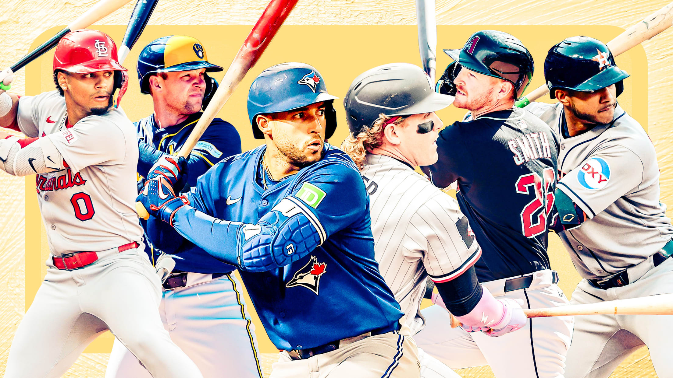 Images of Masyn Winn, Rhys Hoskins, George Springer, Harrison Bader, Pavin Smith and Jeremy Peña at bat