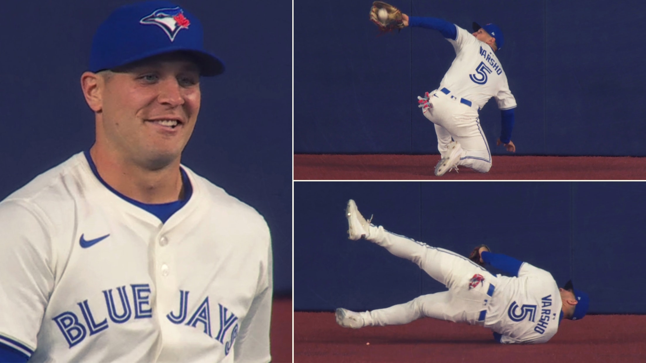 Images of Daulton Varsho making a behind-the-back catch on one knee, falling onto his side, and smirking after the play