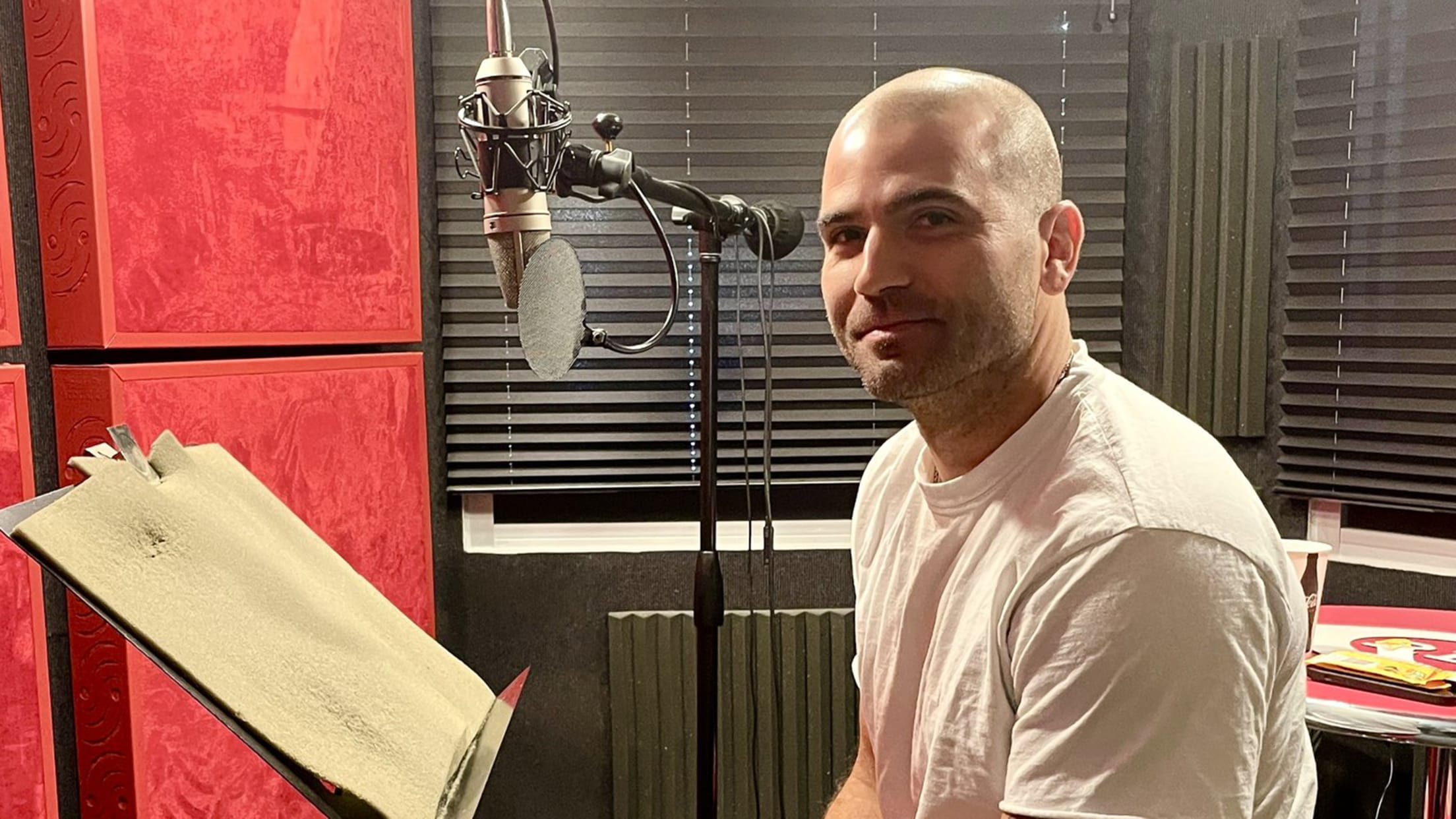 Joey Votto in a recording studio