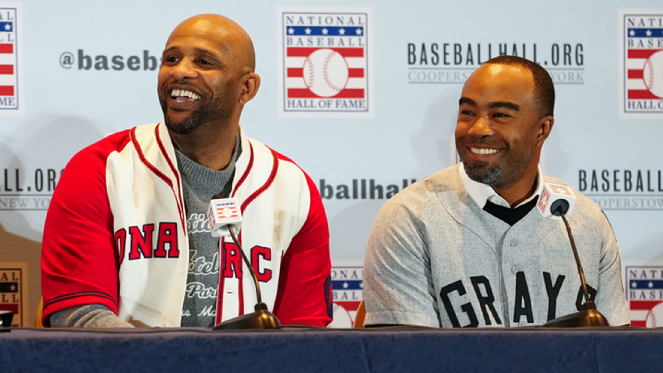 CC Sabathia and Josh Barfield in Negro Leagues jerseys