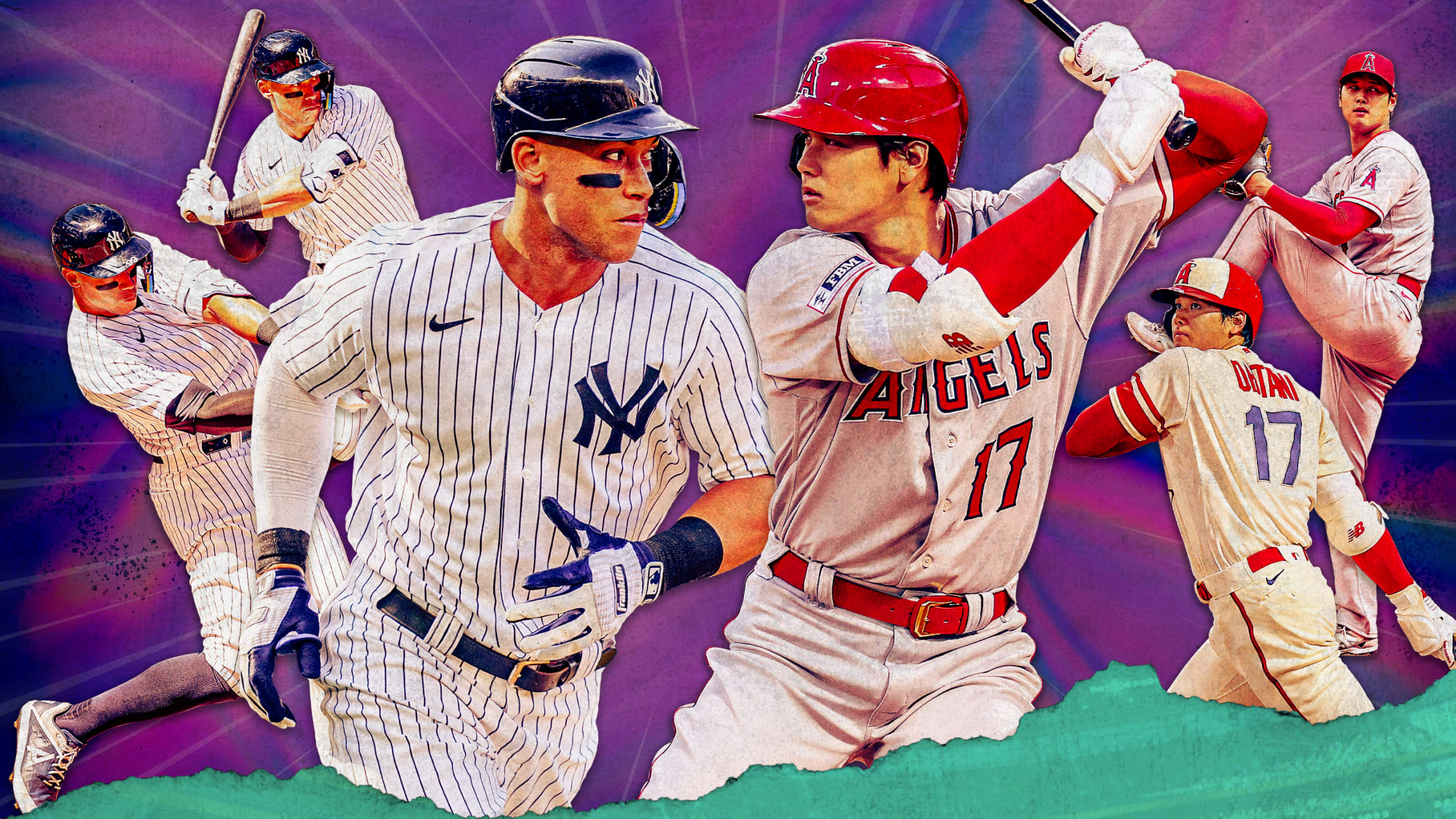 A photo illustration with three images of Aaron Judge and three of Shohei Ohtani