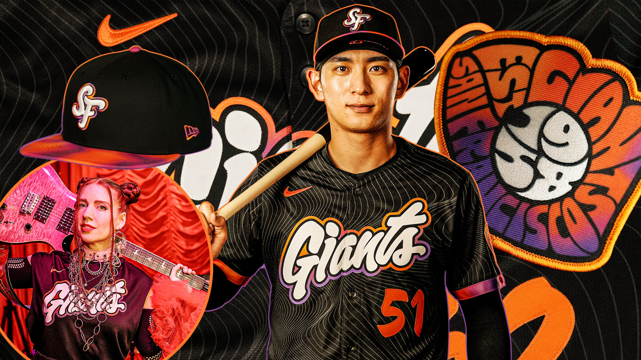 Giants outfielder Jung Hoo Lee wears the team's new black cap and jersey, with an inset of a woman in the jersey holding a pink electric guitar across her shoulders